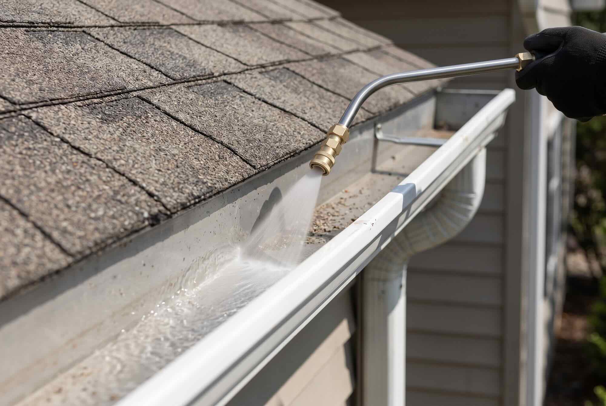 A pressure washer wand spraying a fan of water along the inside of a gutter trough.
