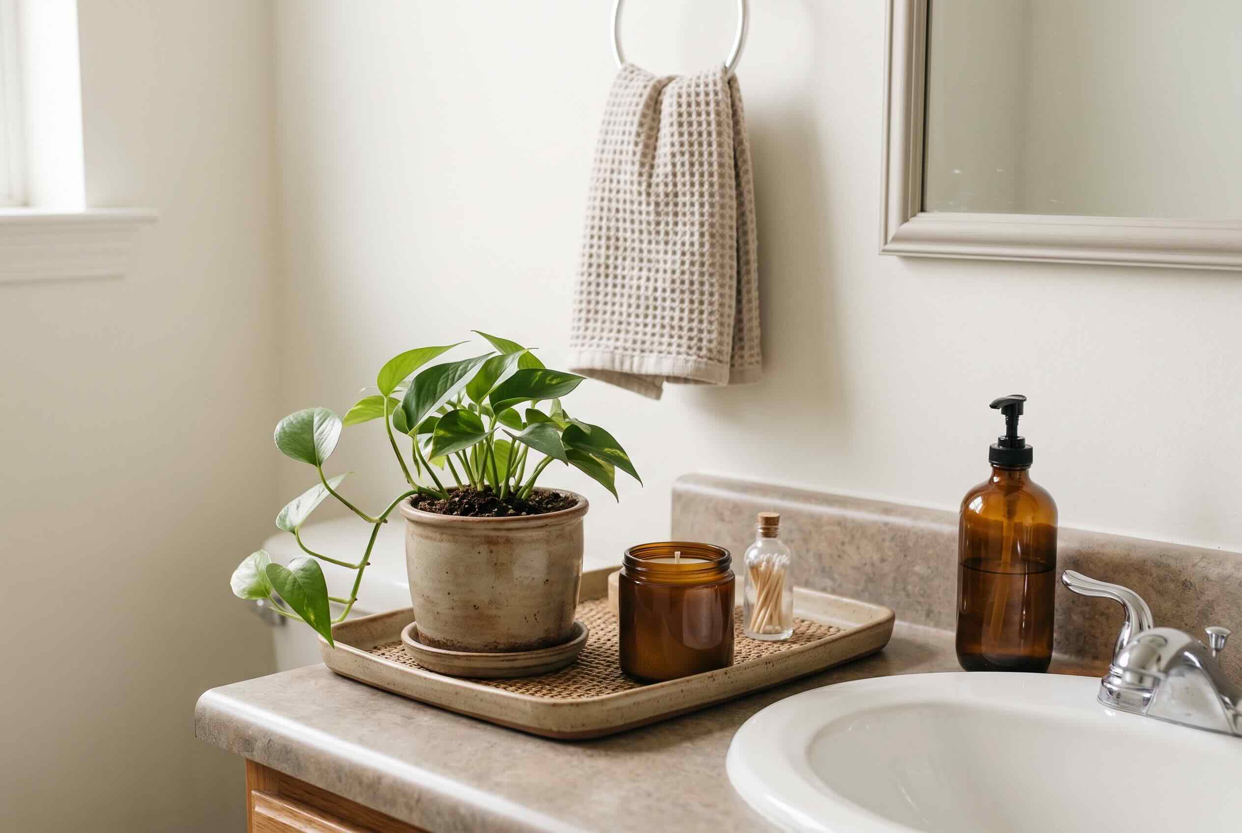 A rattan tray holding a potted plant, candle, and soap dispenser on a bathroom counter.