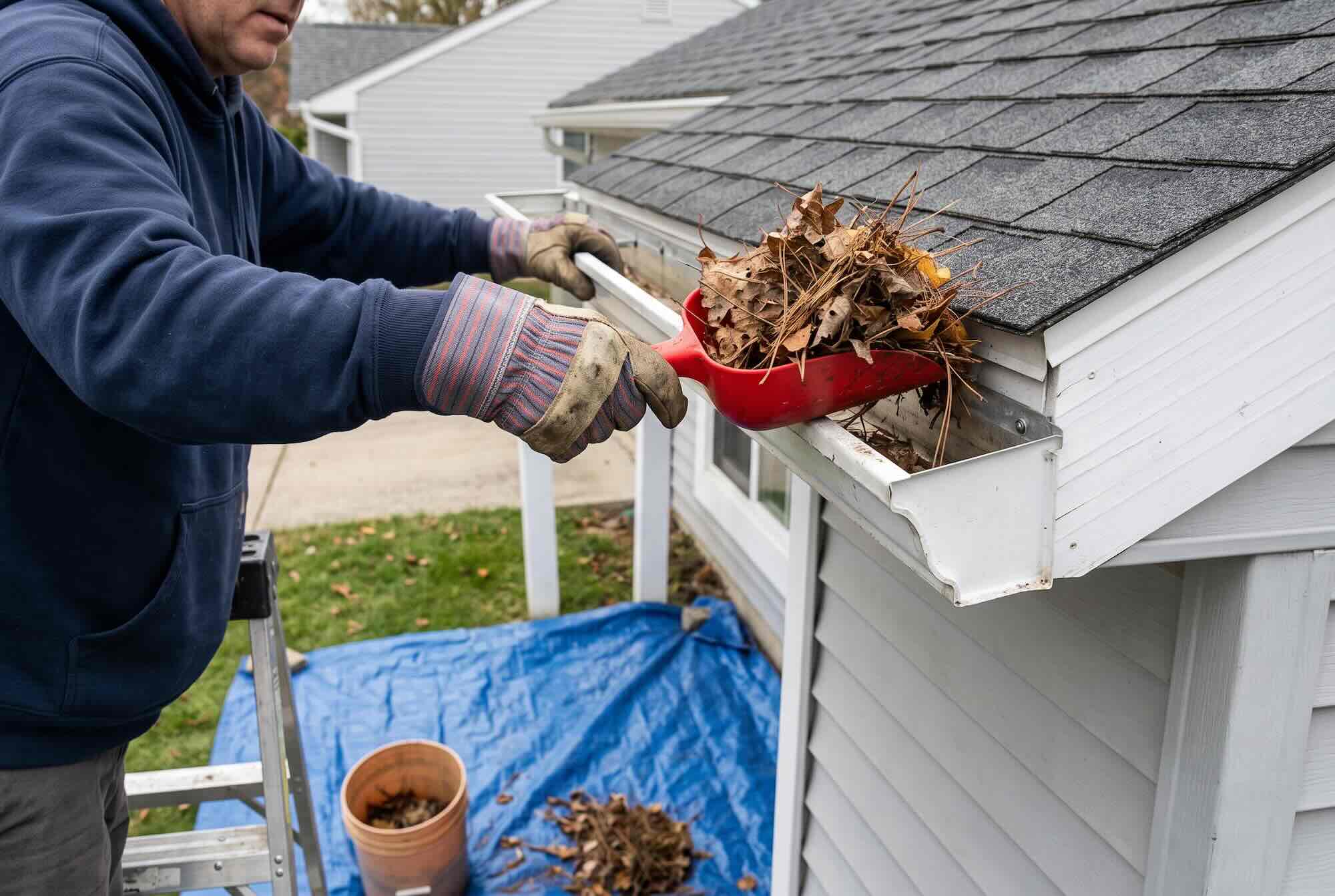 A red plastic scoop lifting dry leaves and twigs out of a white gutter above a blue tarp.