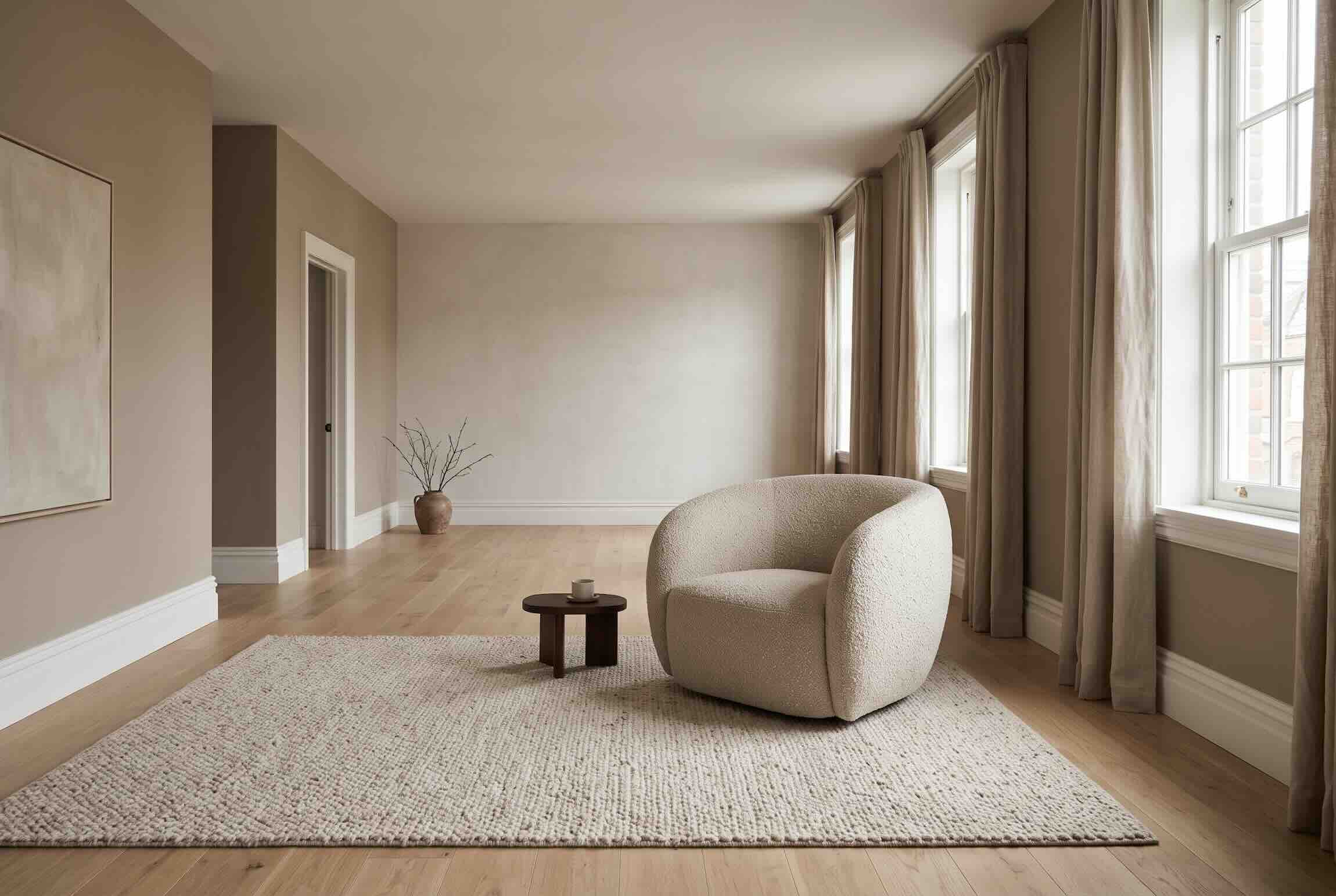 A rounded statement armchair centered in a sparse modern room.