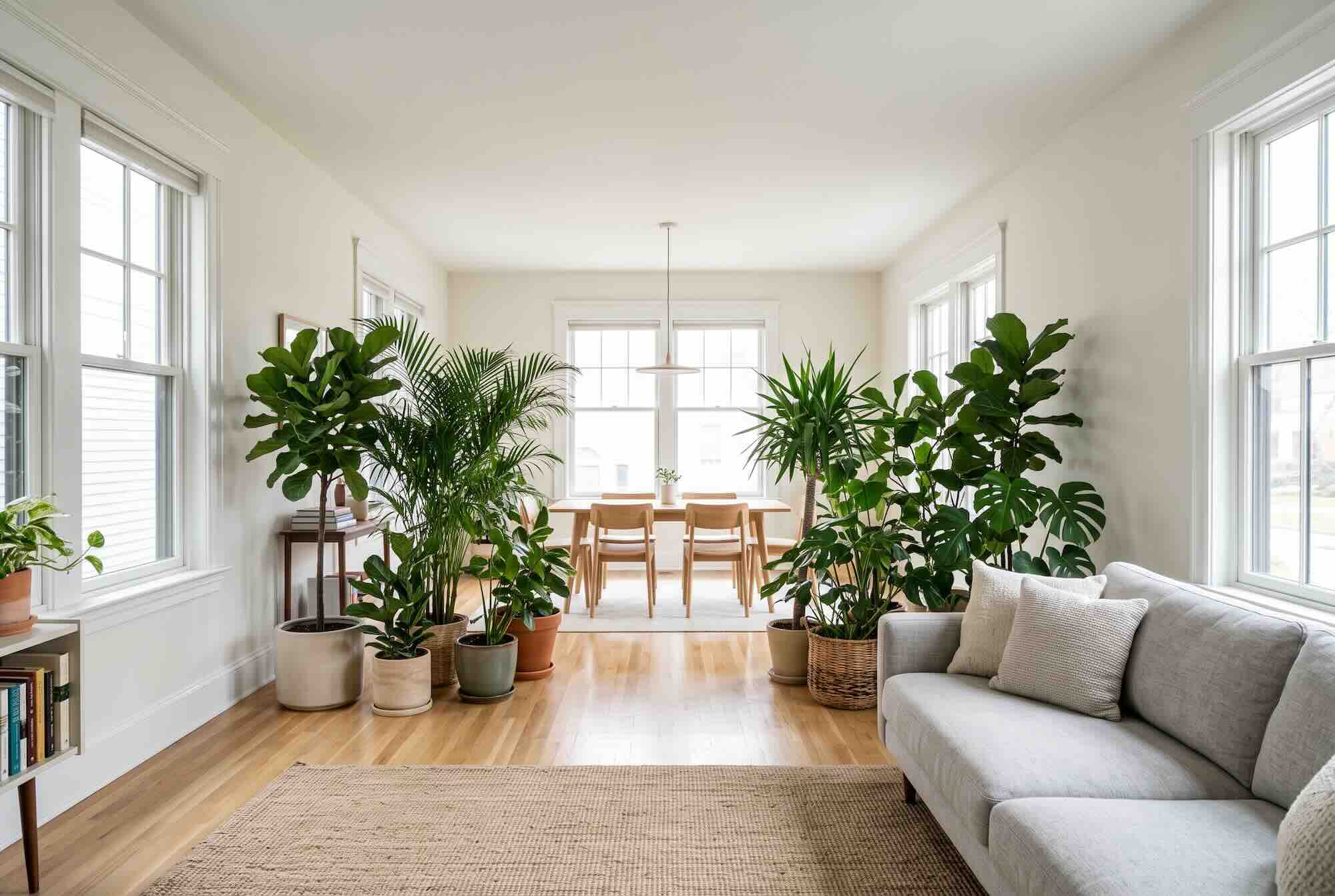 A row of tall potted plants acting as a natural room divider between dining and living zones.