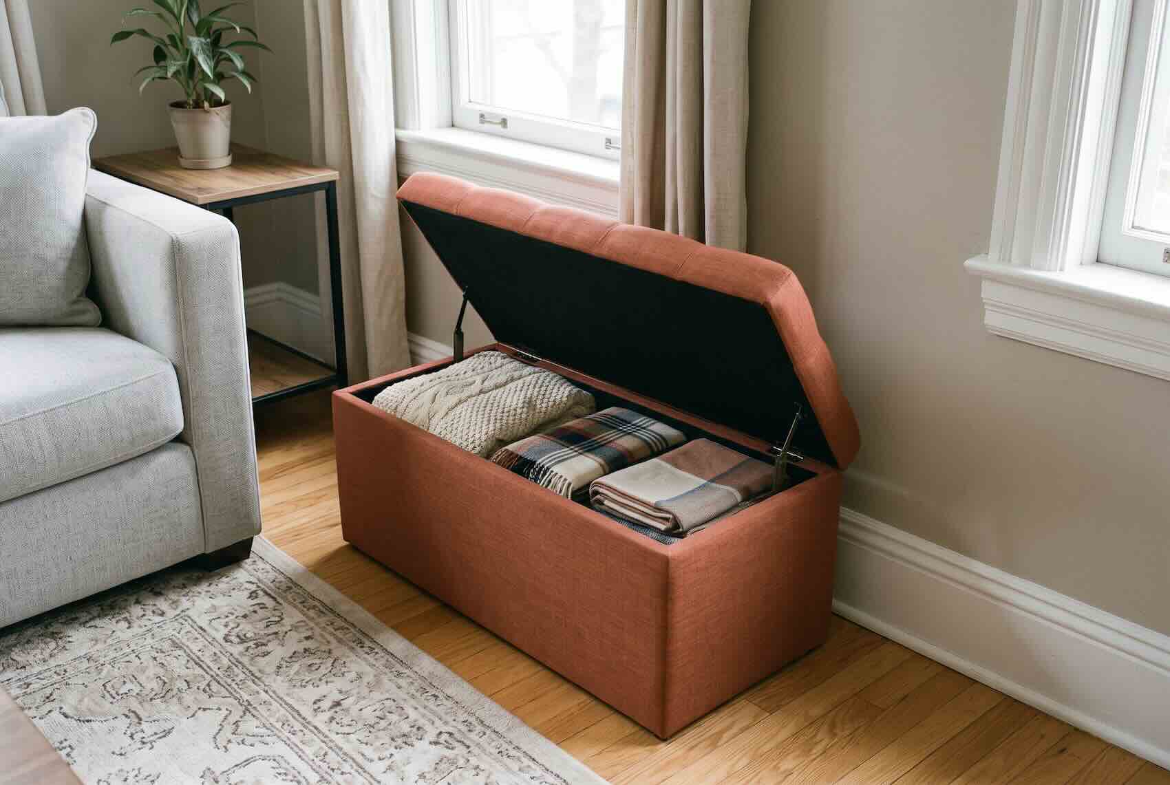 A rust-colored storage ottoman opened to reveal folded blankets inside.
