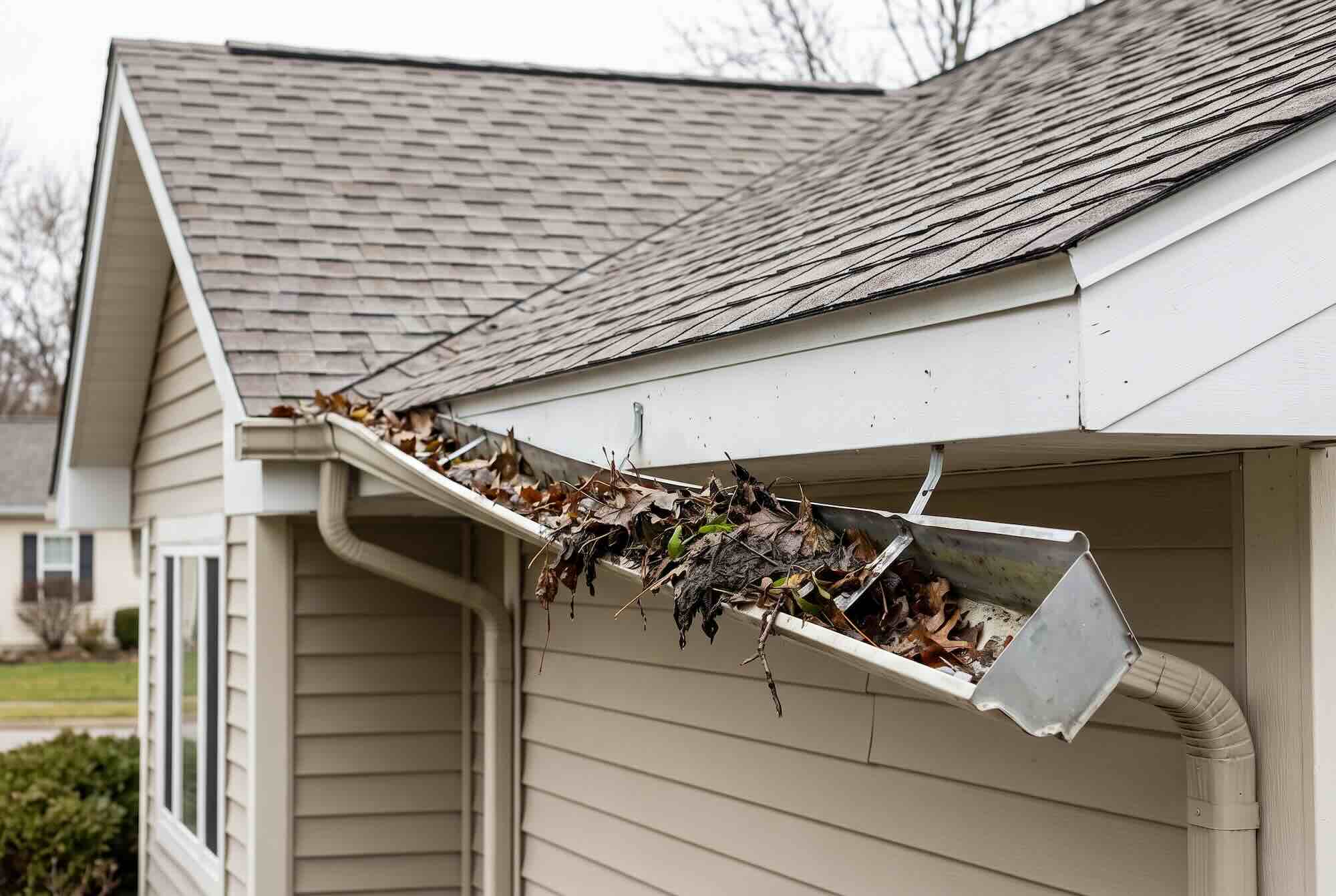 A sagging gutter pulling away from the roofline due to wet debris.
