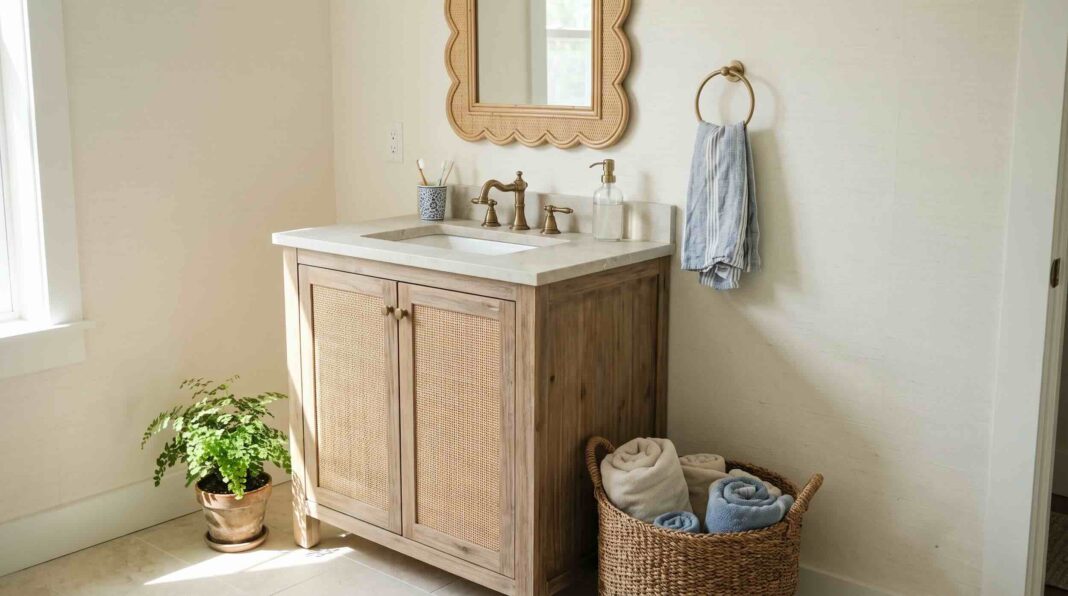 A scalloped mirror above a wooden vanity with a woven towel basket.