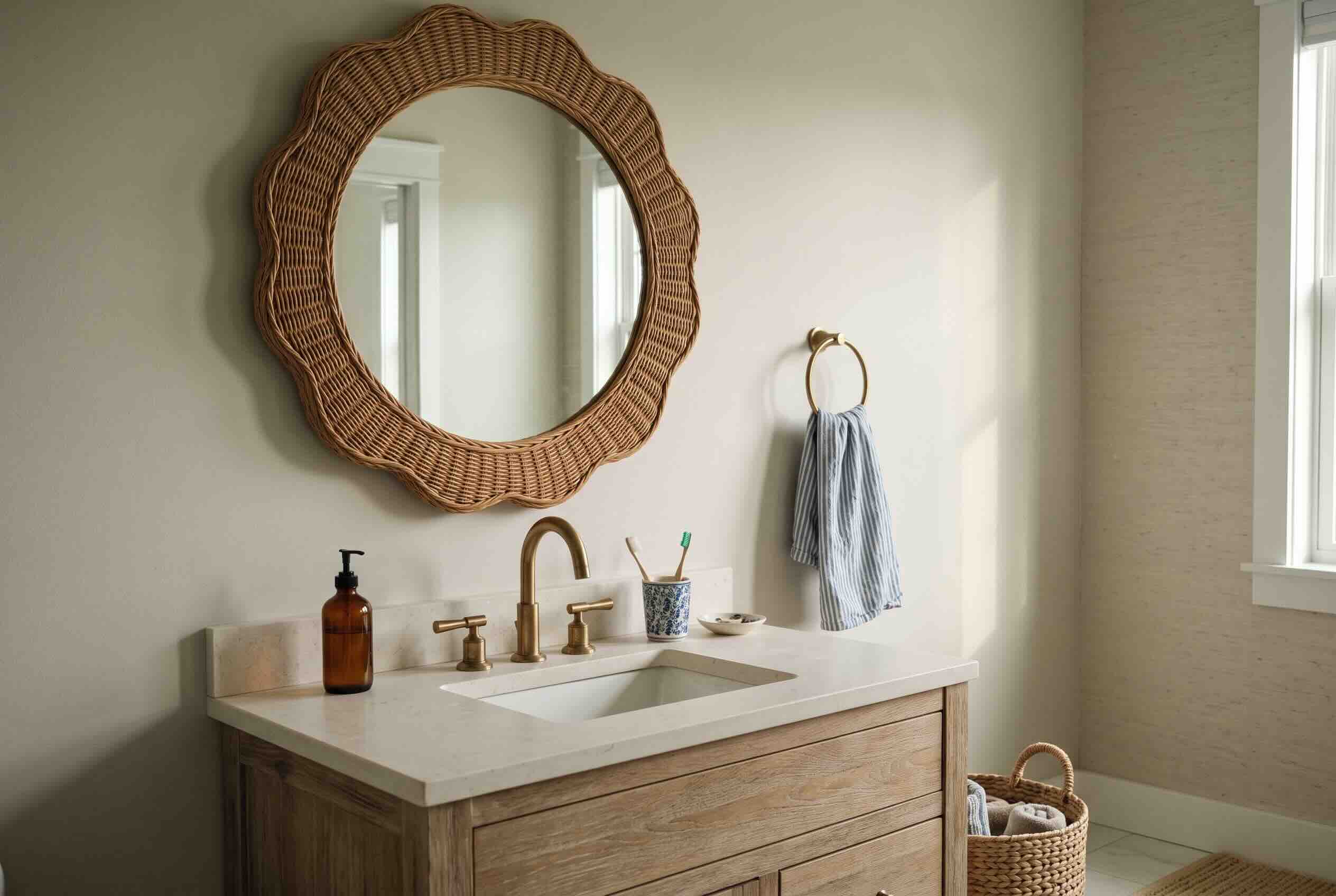 A scalloped rattan mirror hanging above a light wooden vanity.