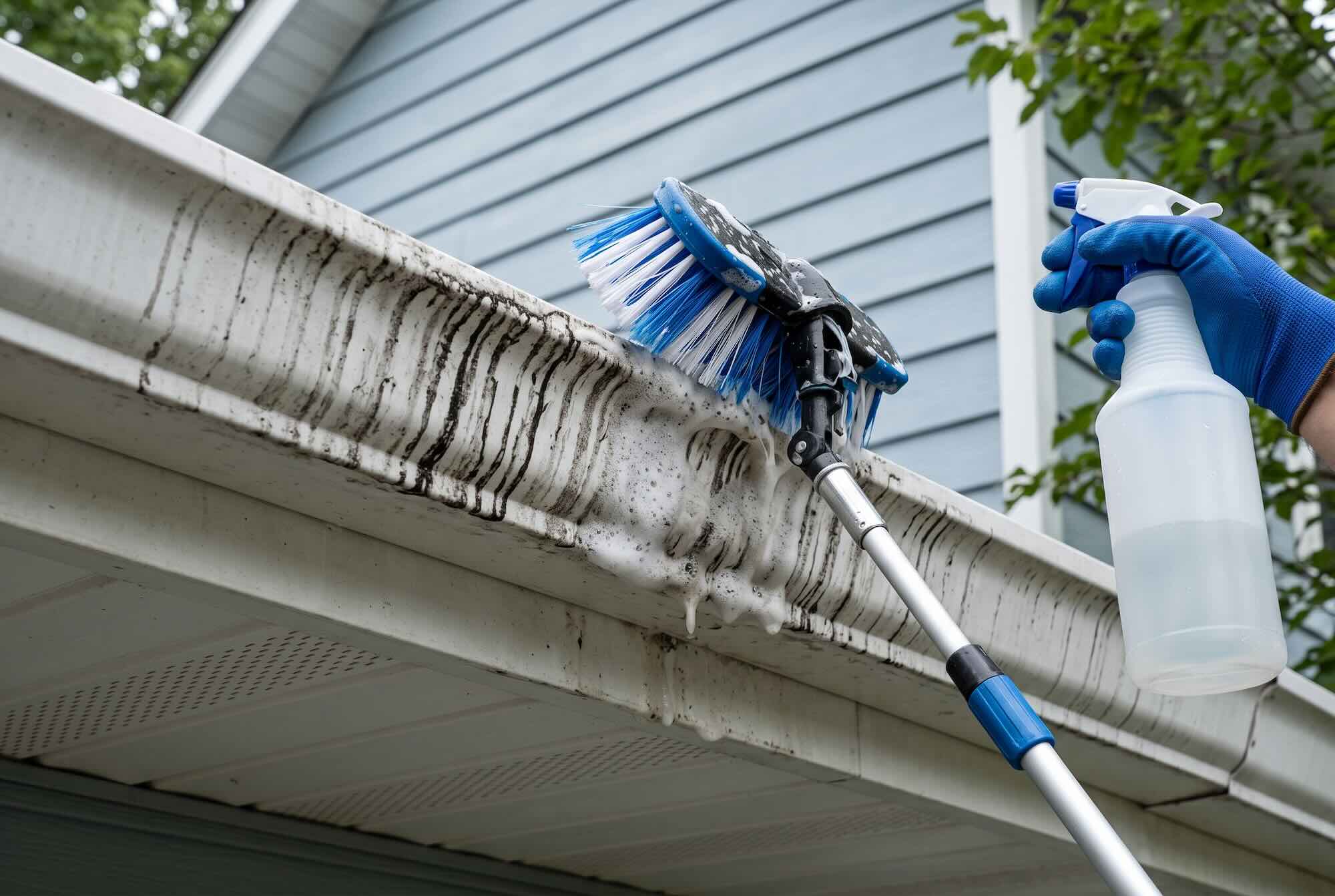 A scrub brush and a spray bottle applying soapy cleaner to a stained gutter exterior.