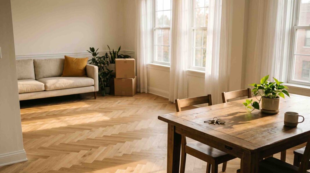A set of house keys resting on a wooden dining table in a bright living area with a sofa and stacked moving boxes.
