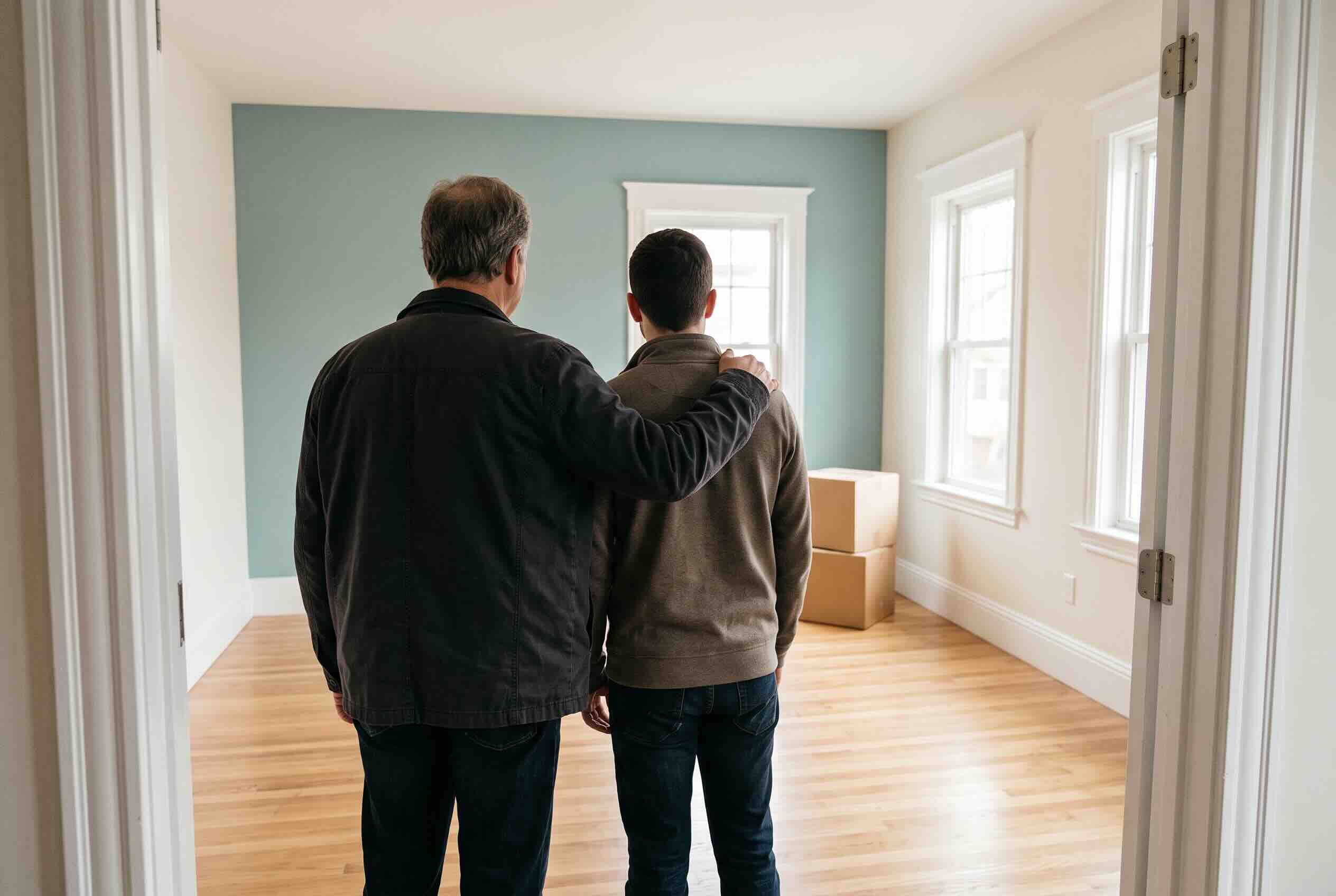 Standing at the doorway of an empty room, looking toward a bright window with moving boxes stacked in the corner.
