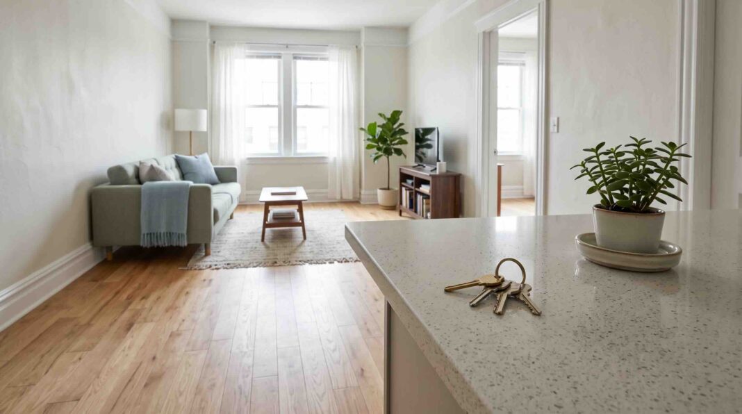 A set of keys resting on a kitchen counter with a view into a bright living room.
