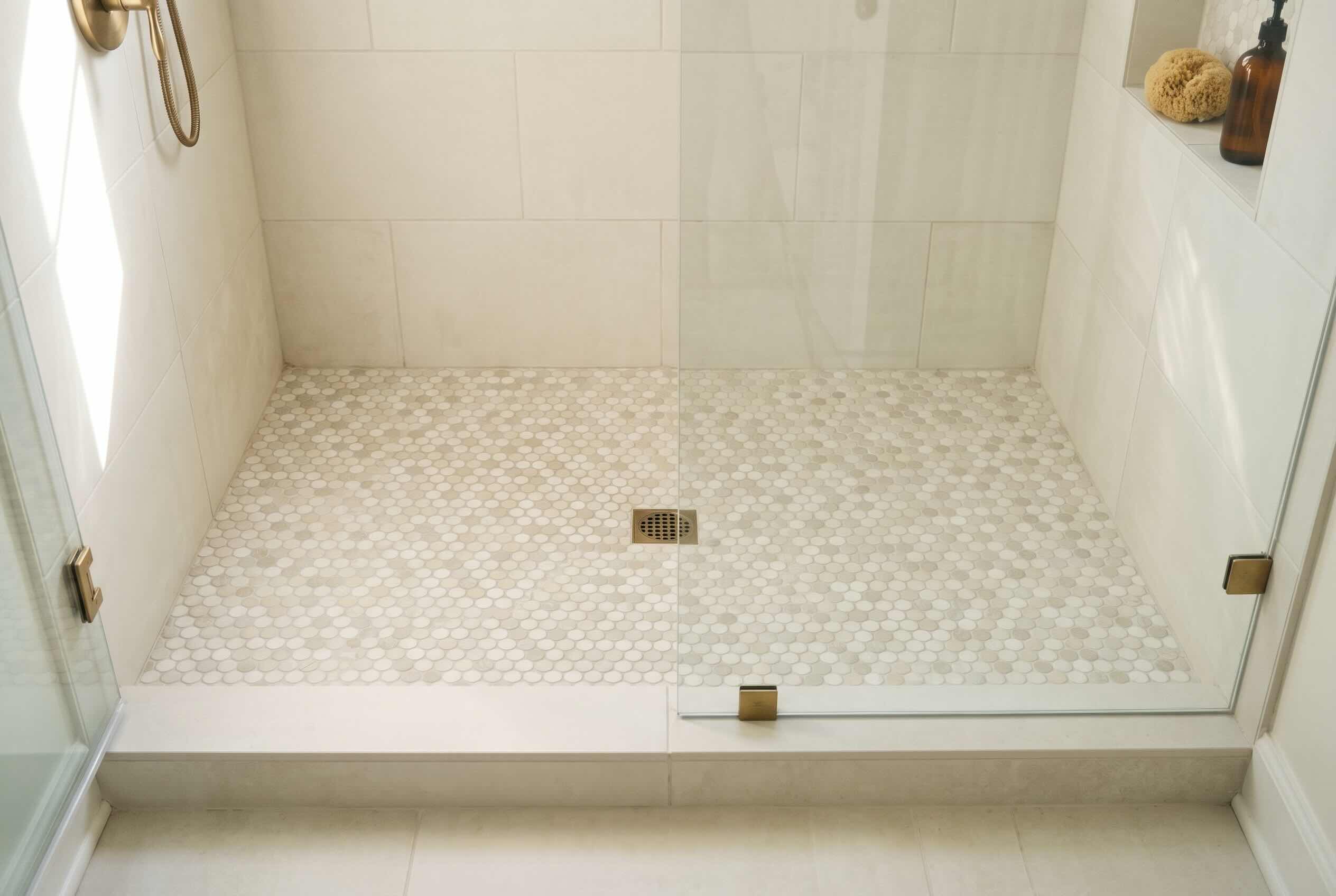 A shower floor surfaced with small, light-colored mosaic tiles inside a glass enclosure.