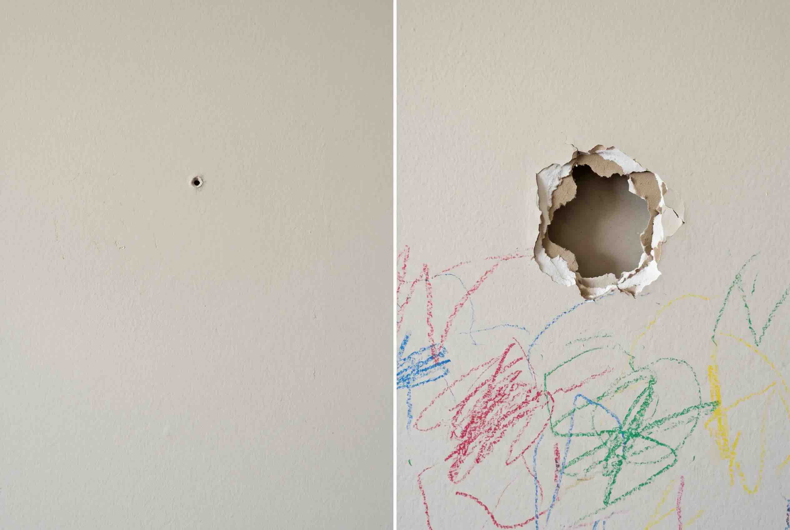 A side-by-side comparison of a small nail hole versus a large hole in drywall with crayon marks.