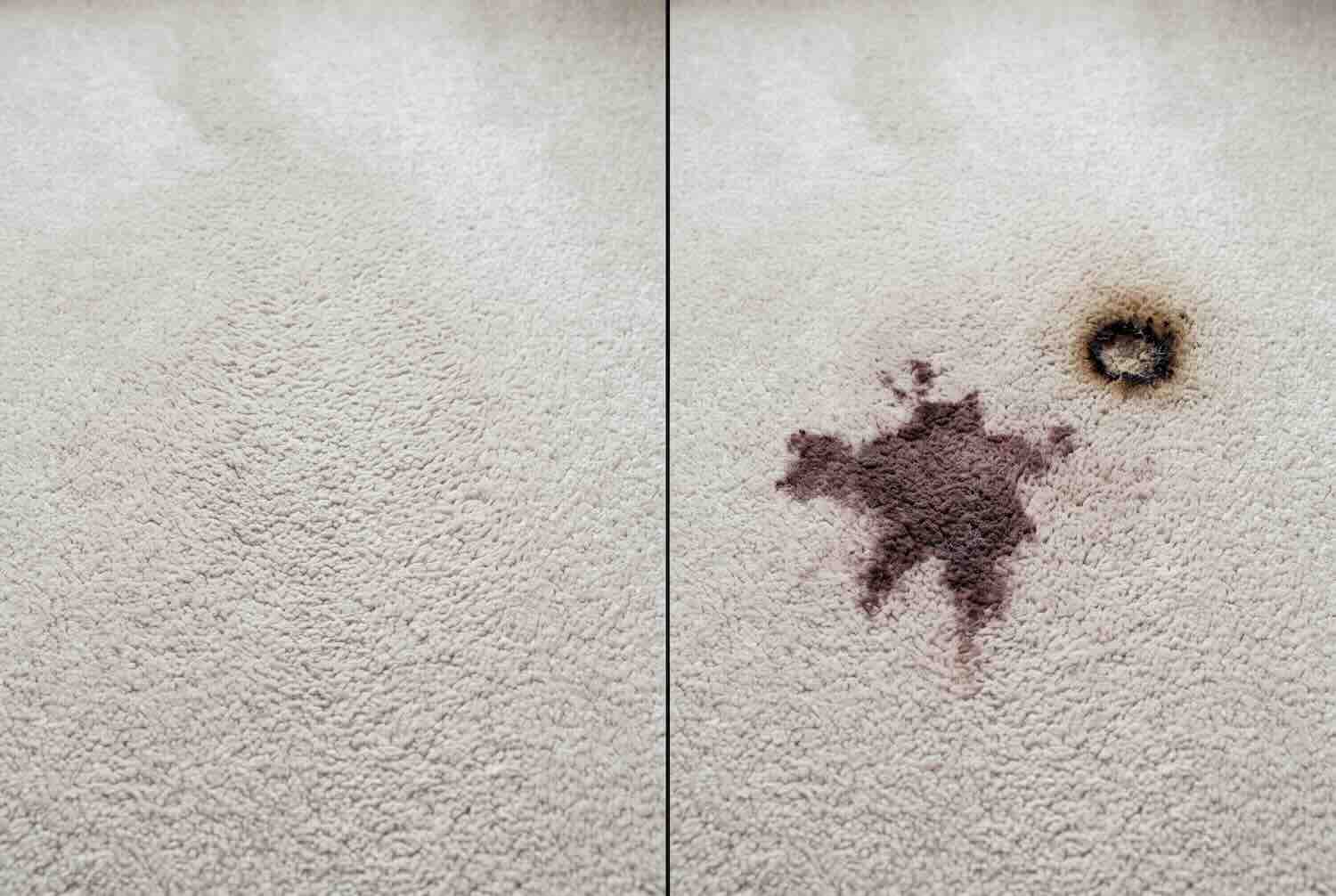 A side-by-side comparison of normal carpet wear versus a dark stain and a burn mark.