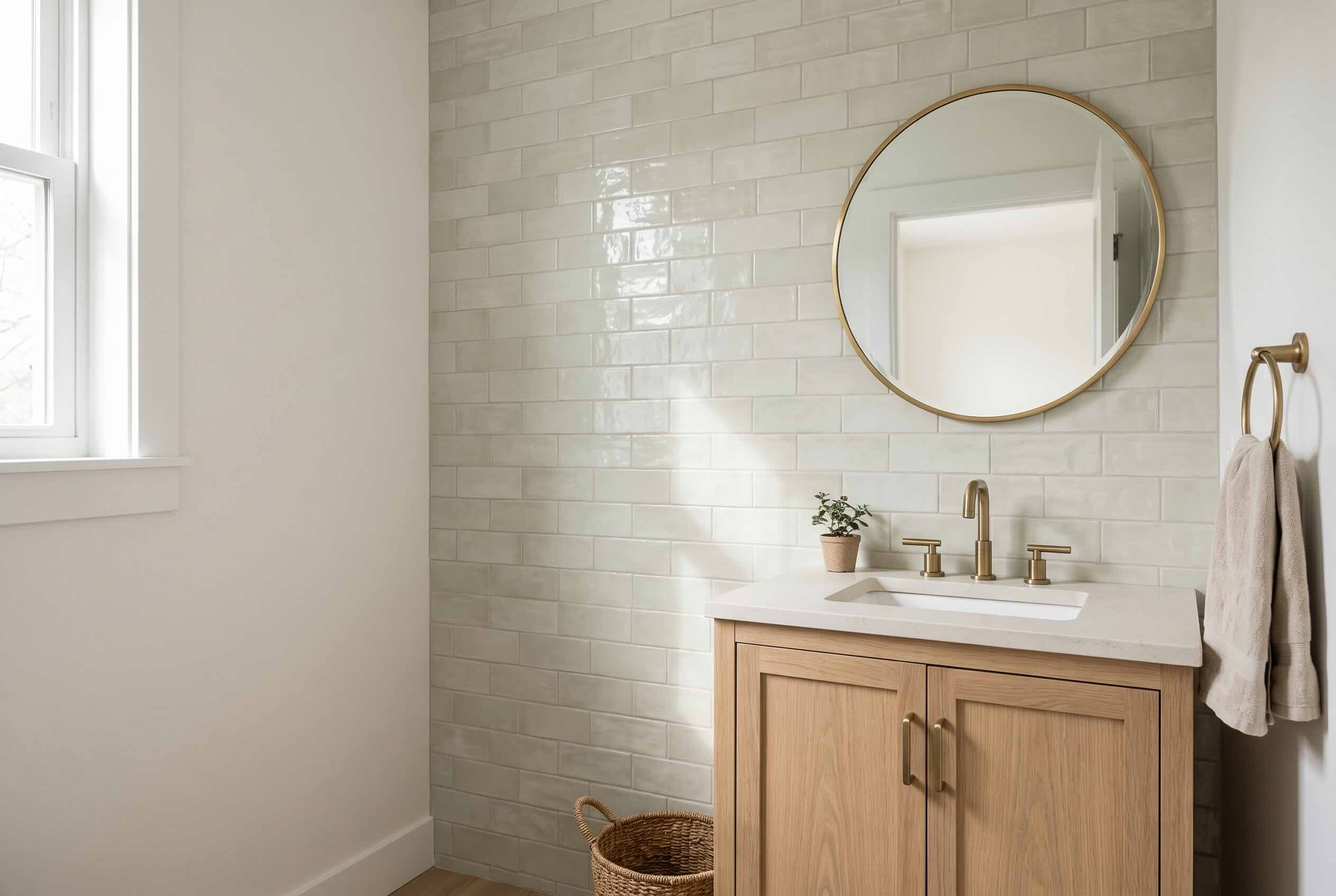 A single accent wall behind a wooden vanity, covered in light, glossy rectangular tiles.