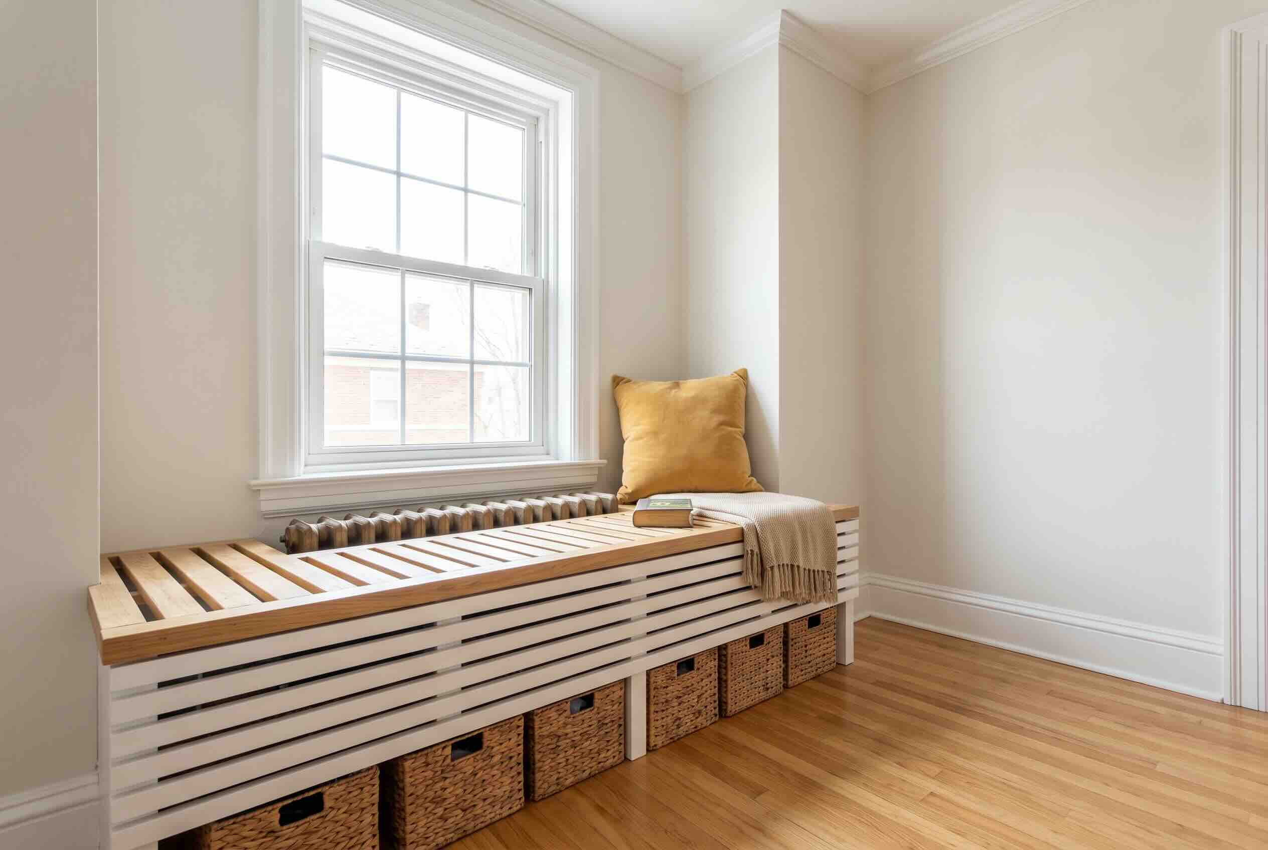 A slatted wooden bench built over a low radiator underneath a window.