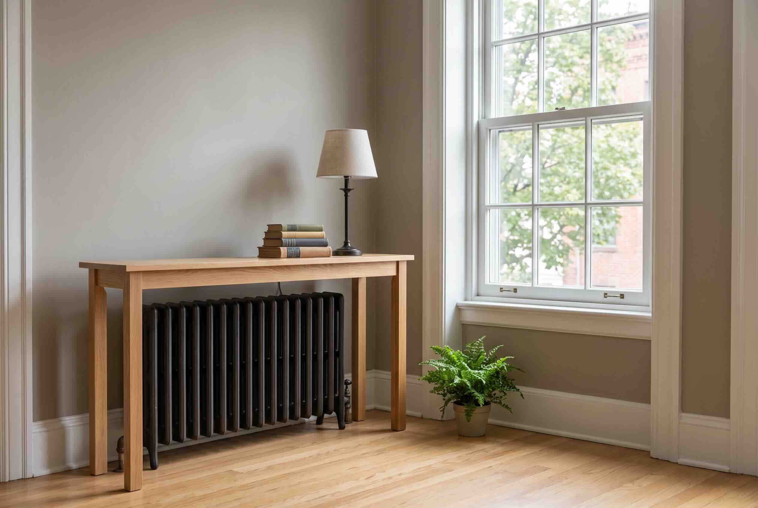 A slim wooden console table placed in front of a black radiator to disguise it.
