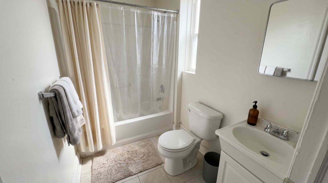 A small bathroom featuring a white vanity, toilet, shower curtain, and a bath mat.
