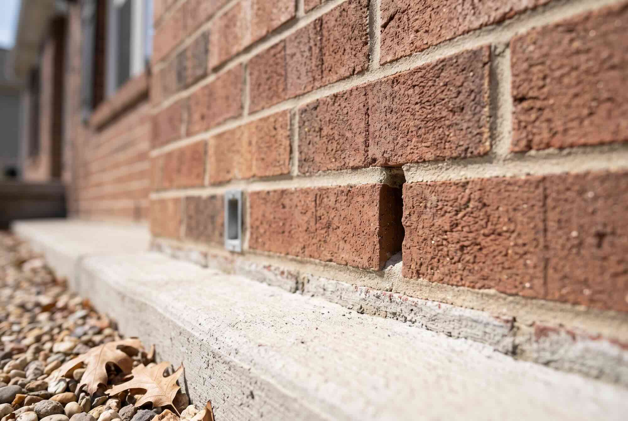 A small, rectangular open weep hole near the base of an exterior red brick wall.