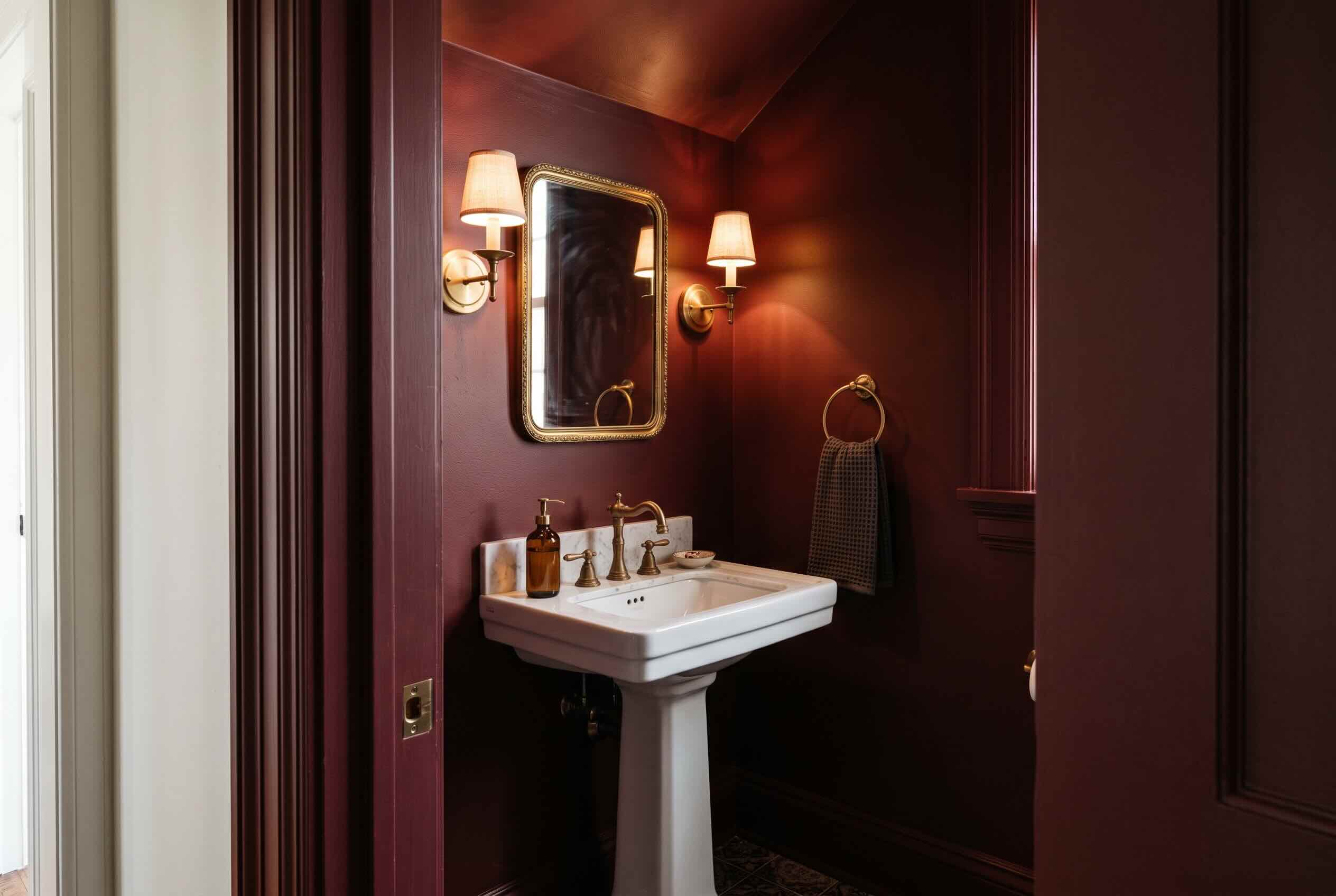 A small toilet room painted in a saturated oxblood color with a classic pedestal sink and brass fixtures.