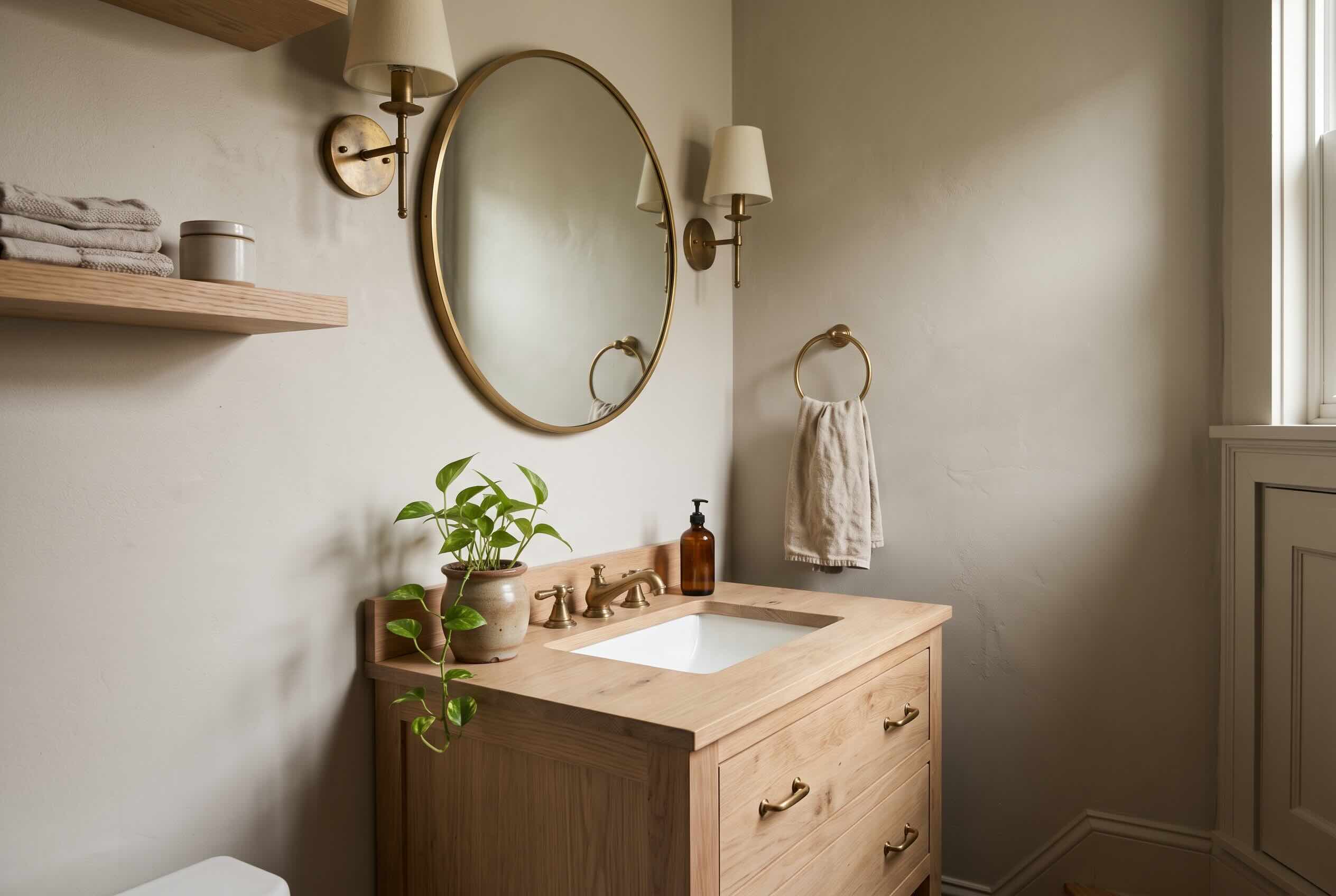 A small trailing pothos plant resting on a wooden vanity in a warmly lit bathroom.