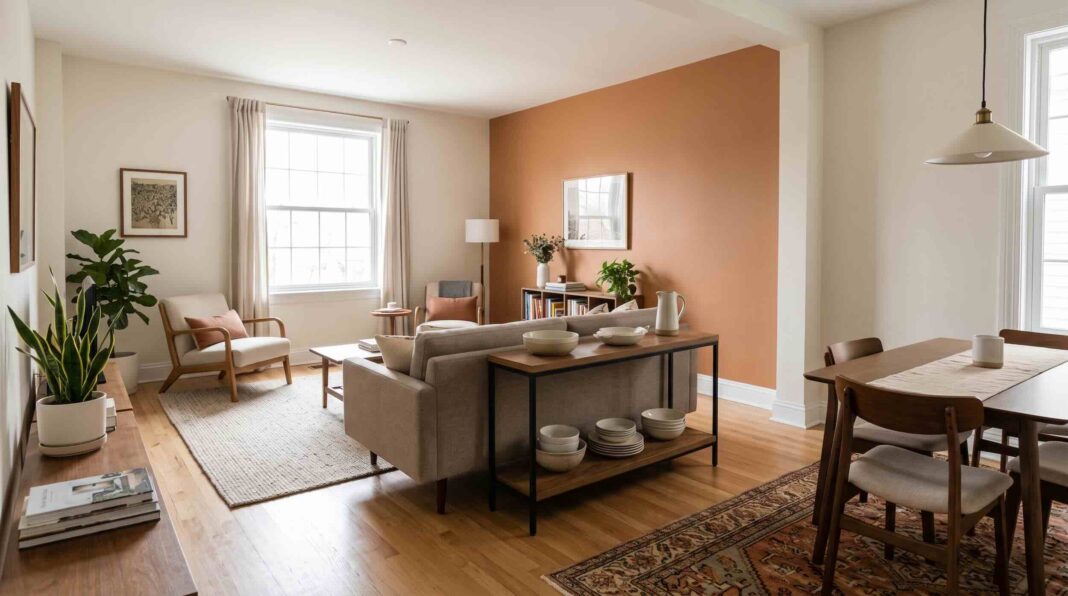 A sofa facing away from the dining area with a console table placed behind it.