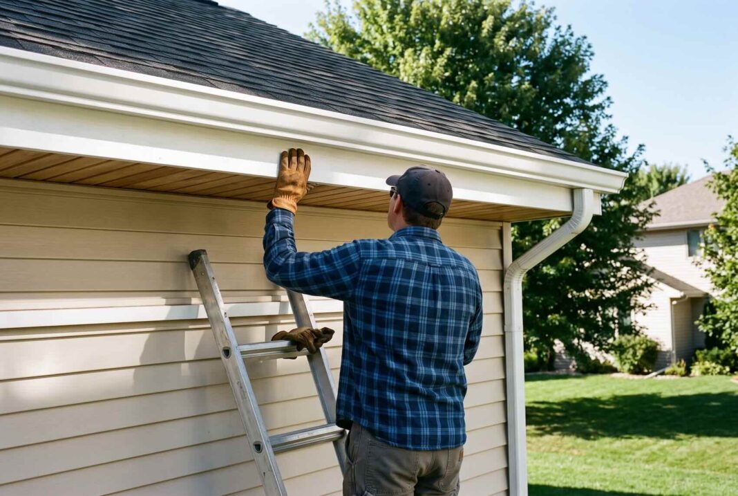 A stable ladder resting against the wooden fascia beneath a freshly cleared house gutter.