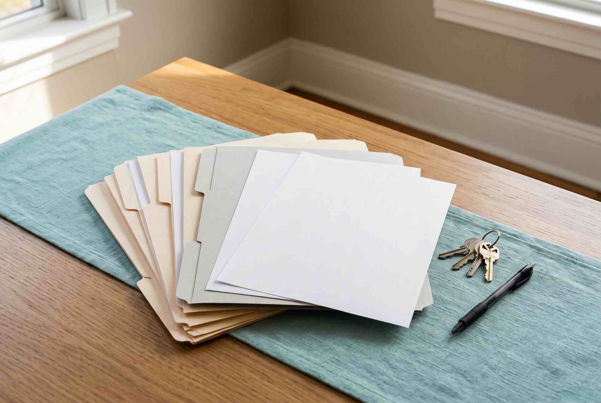 A stack of paper applications and documents next to a pen and set of keys.
