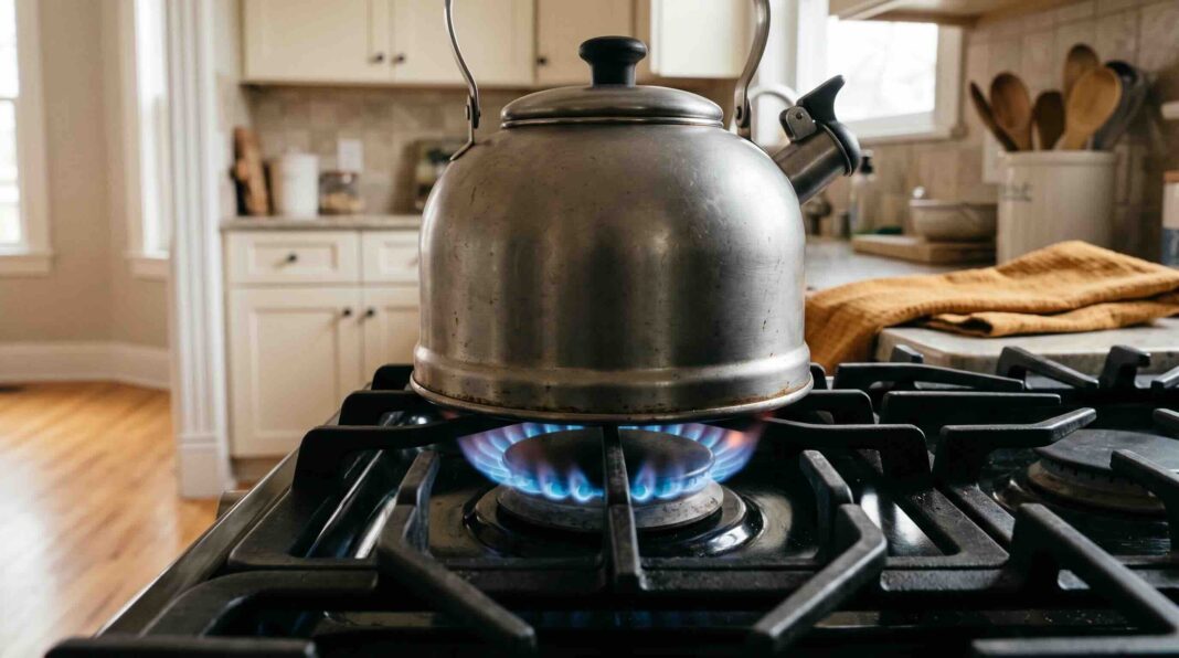 A stainless steel kettle resting on a lit gas stove burner.