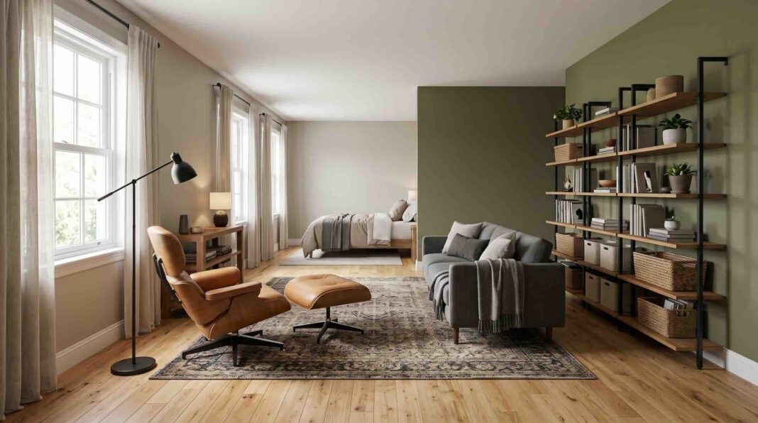 A stylish men's studio apartment featuring warm neutral walls, a leather lounge chair, and a tall open bookshelf.