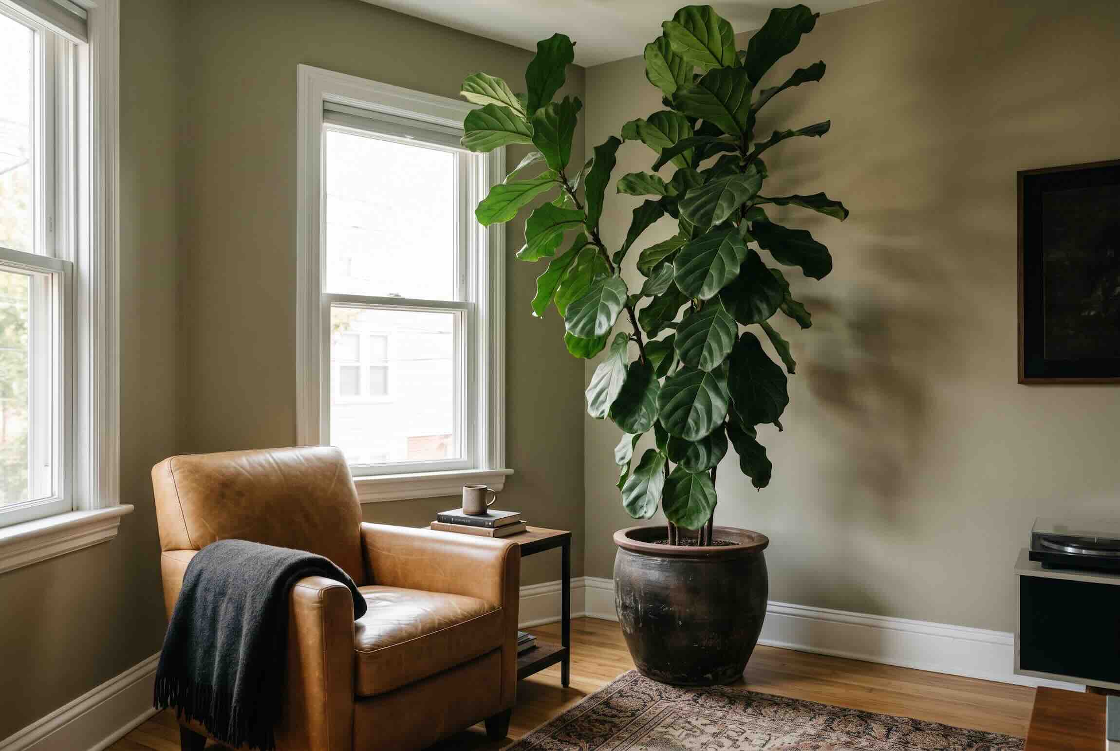 A tall fiddle leaf fig plant standing in a corner next to a leather armchair.