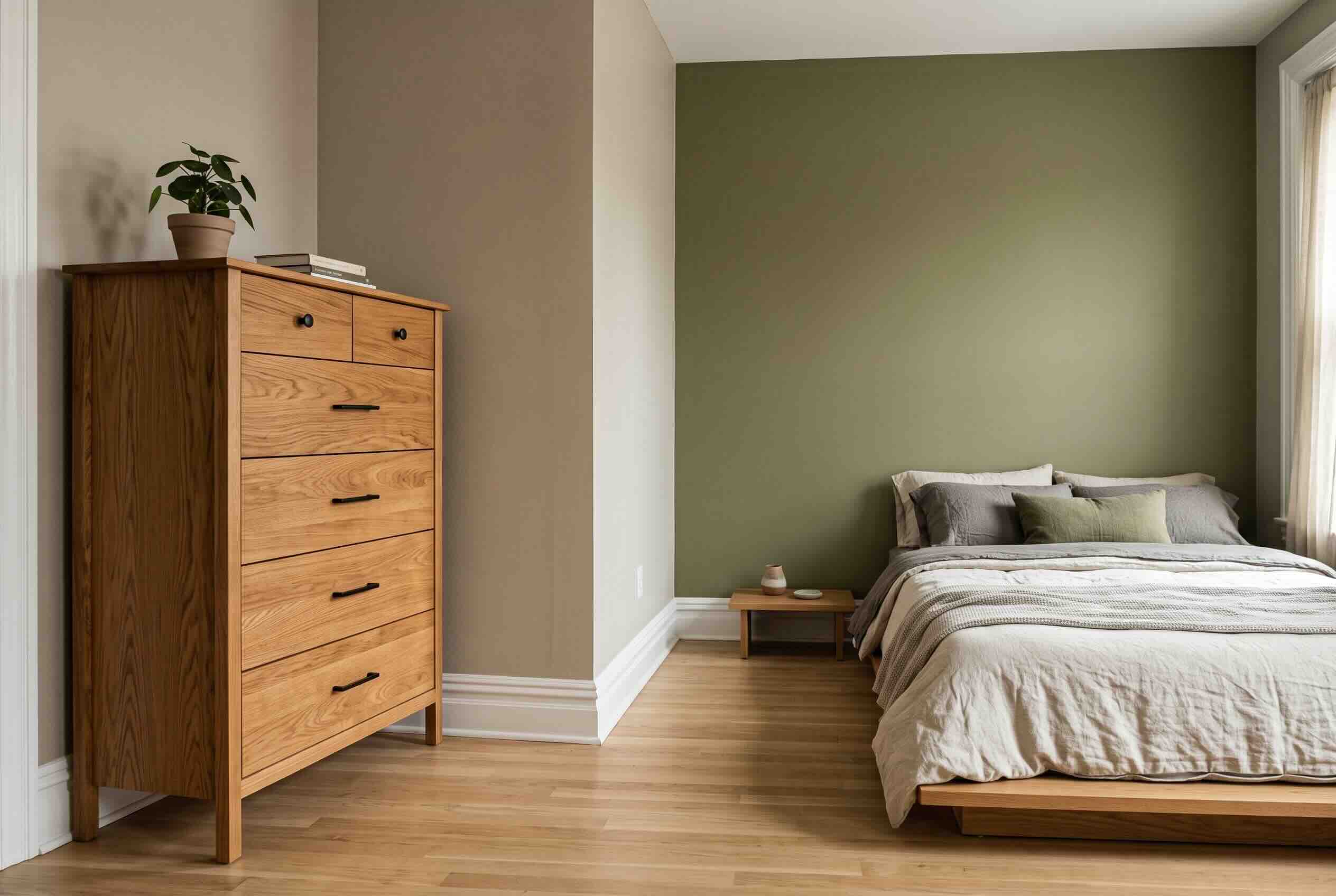 A tall wooden dresser placed next to a low-profile bed against an olive green wall.