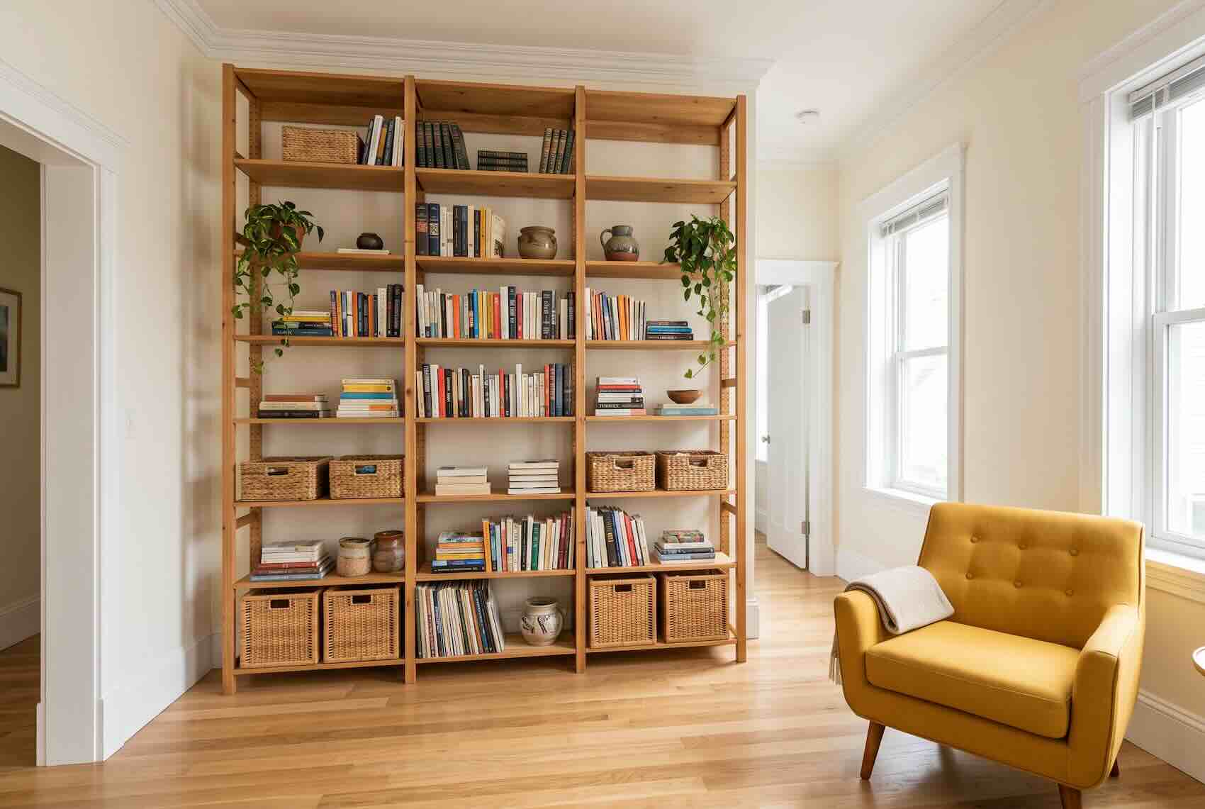 A tall wooden shelving unit filled with books and storage baskets next to a yellow armchair.