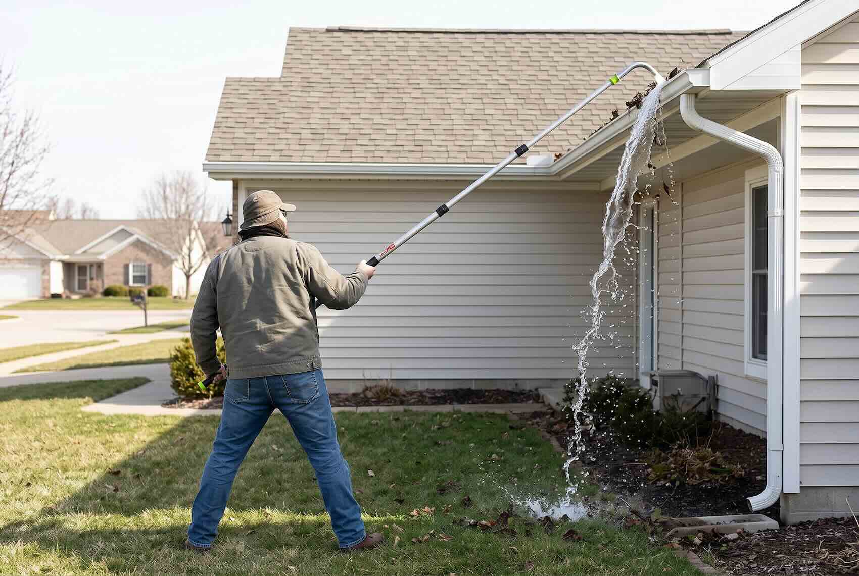 A telescoping hose wand flushing a gutter with a water stream.