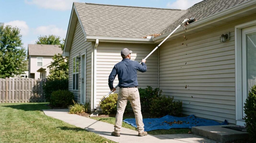 A telescoping pole removing debris from a roof gutter.