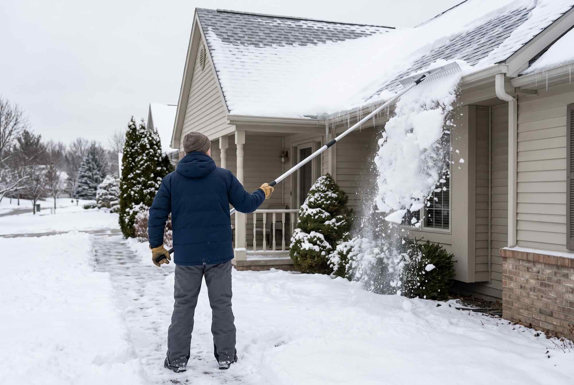 A telescoping roof rake clearing heavy snow from the lower edge of a roof.