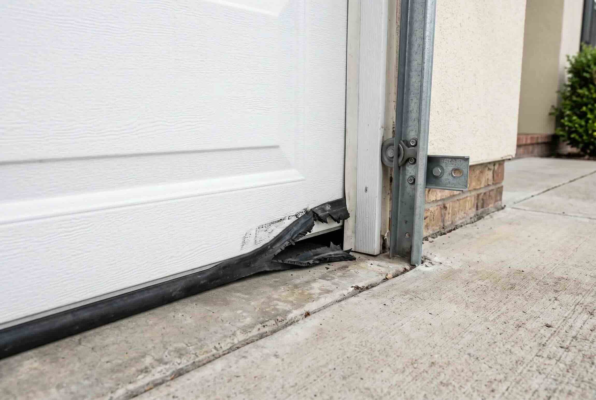 A torn, jagged black rubber bottom seal leaving a gap at the corner of a white garage door.