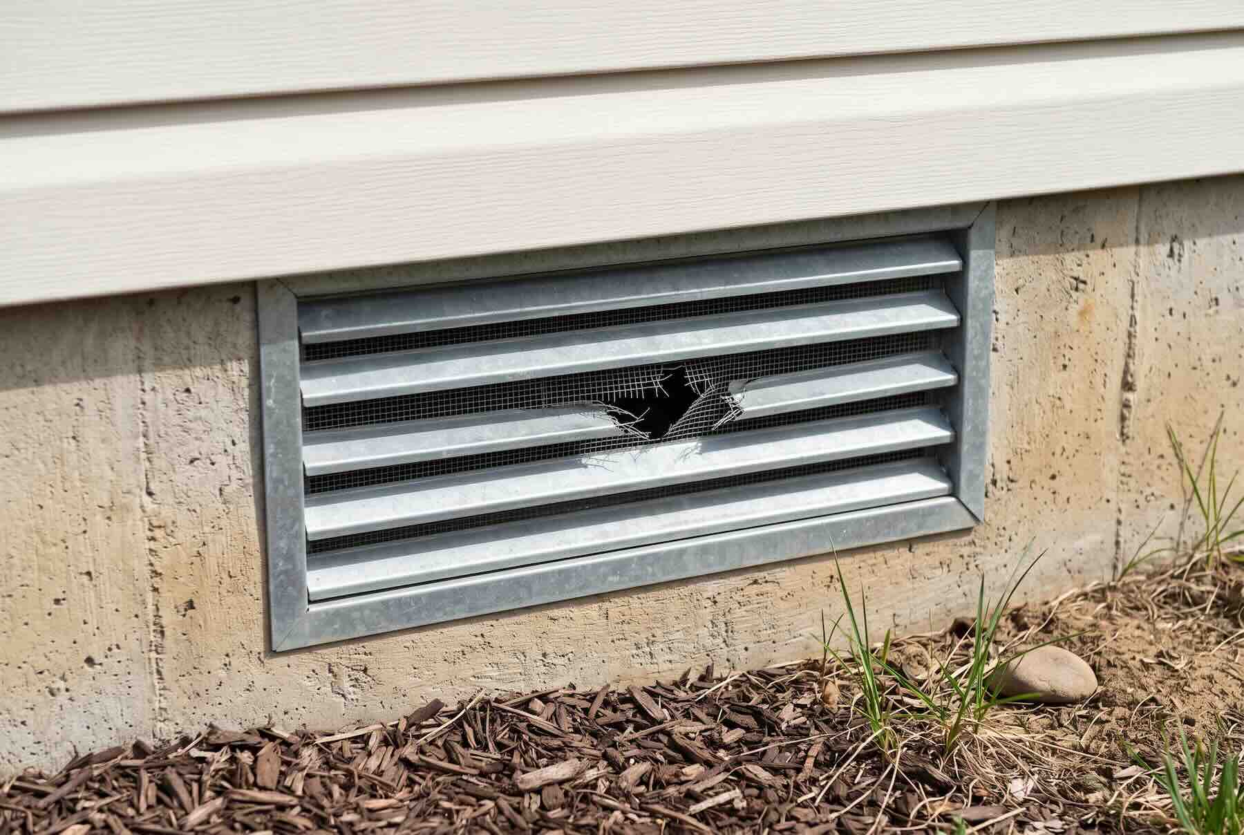 A torn metal insect screen behind a louvered foundation vent set into a concrete block wall.