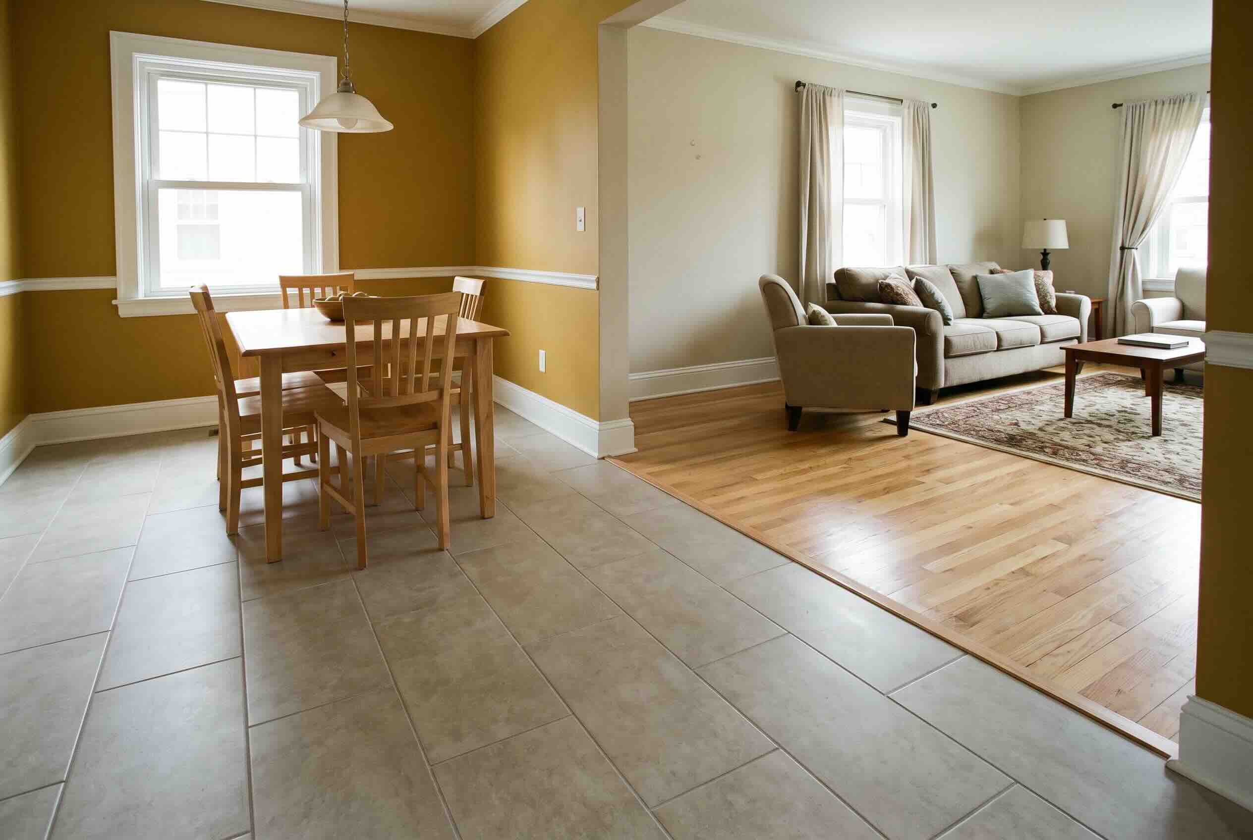 A transition from tile flooring in the dining area to wood flooring in the living room.