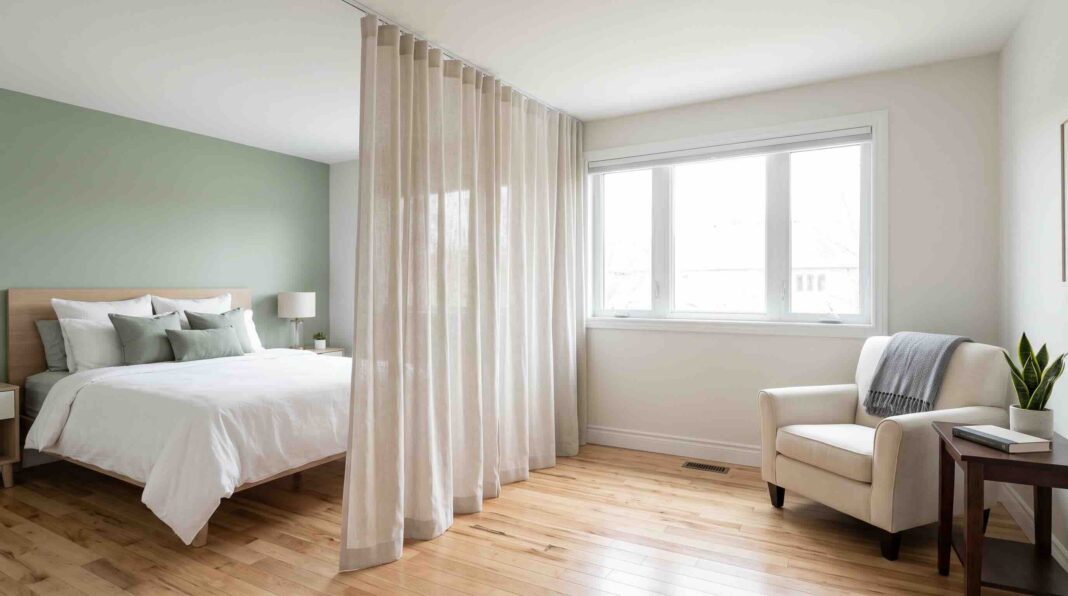 A translucent ceiling-track curtain drawn across a bedroom to separate the bed from a sitting area.