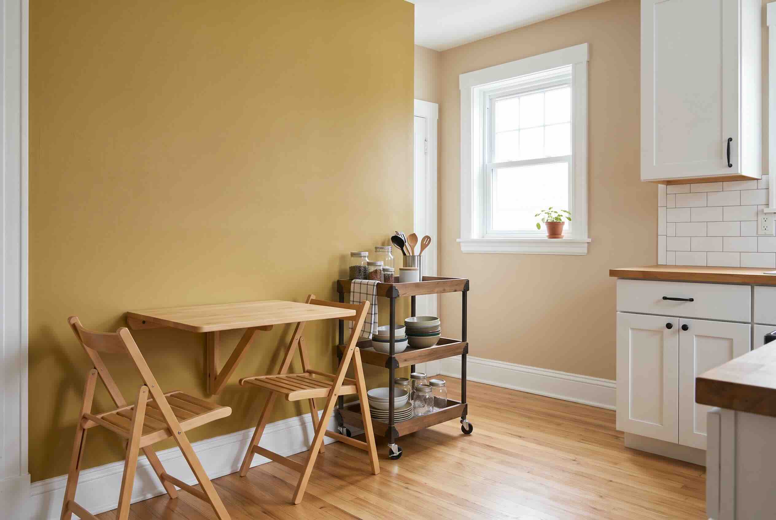 A wall-mounted drop-leaf table paired with folding wooden chairs in a kitchen area.