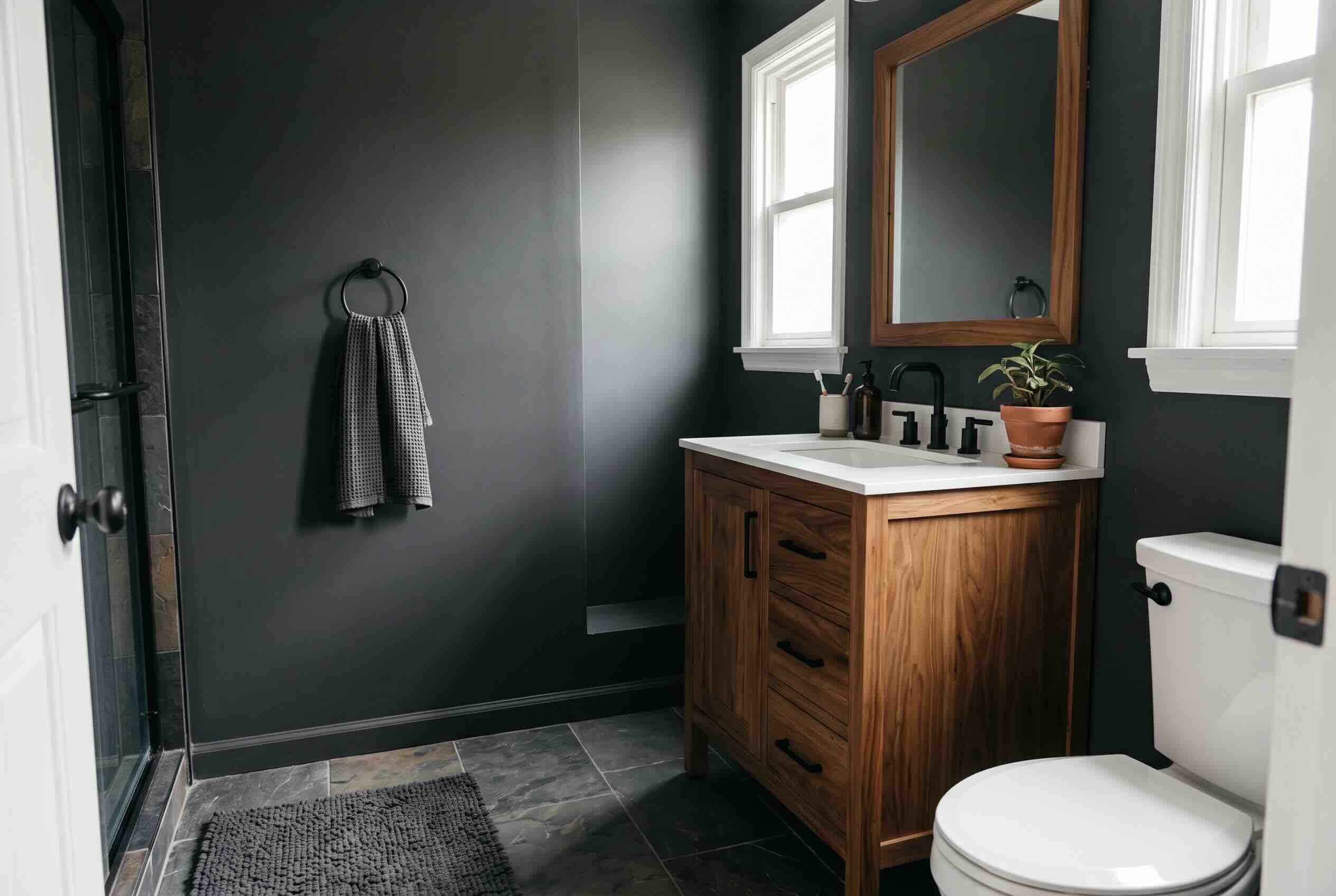 A warm wooden vanity and mirror frame set against moody dark grey bathroom walls.