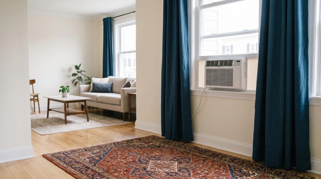 A well-decorated apartment living room featuring a window AC unit and thick curtains.