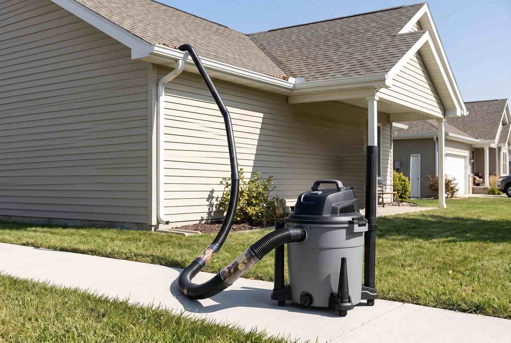 A wet/dry shop vacuum with a long curved hose extension reaching into a gutter.