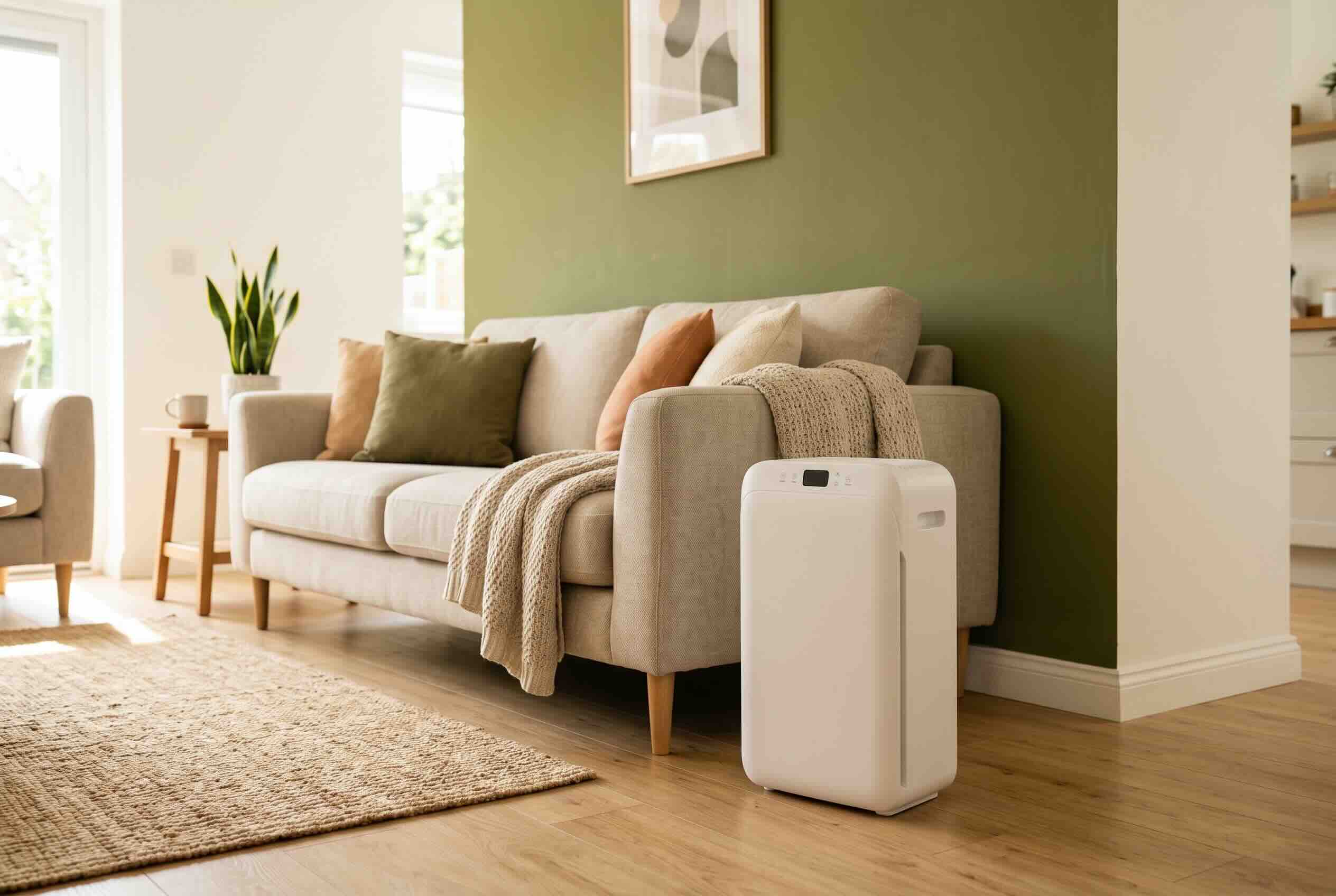 A white HEPA air purifier standing on a hardwood floor next to a sofa.