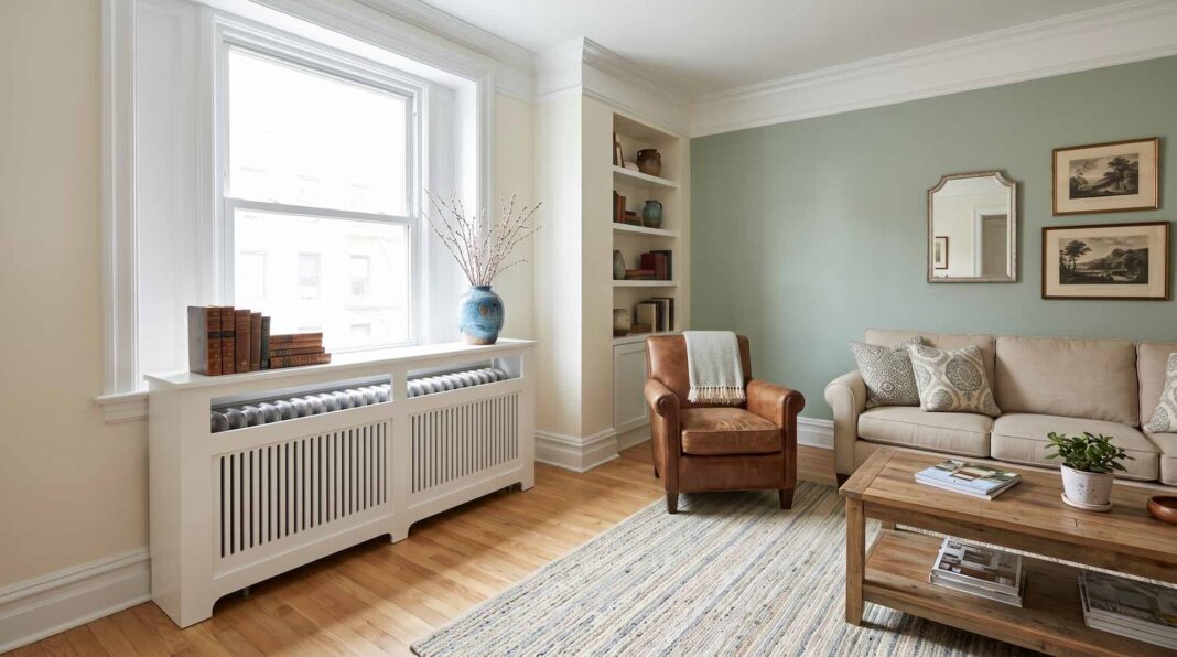 A white radiator cover with slatted front panels in a brightly lit living room.