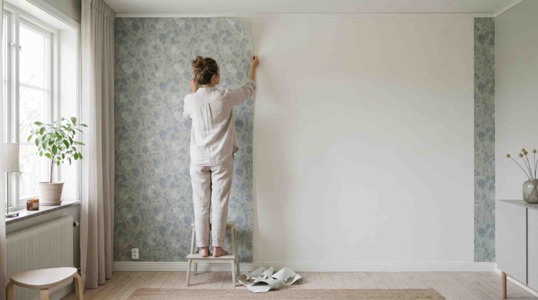 A woman standing on a small stool peeling a sheet of patterned wallpaper off a wall.