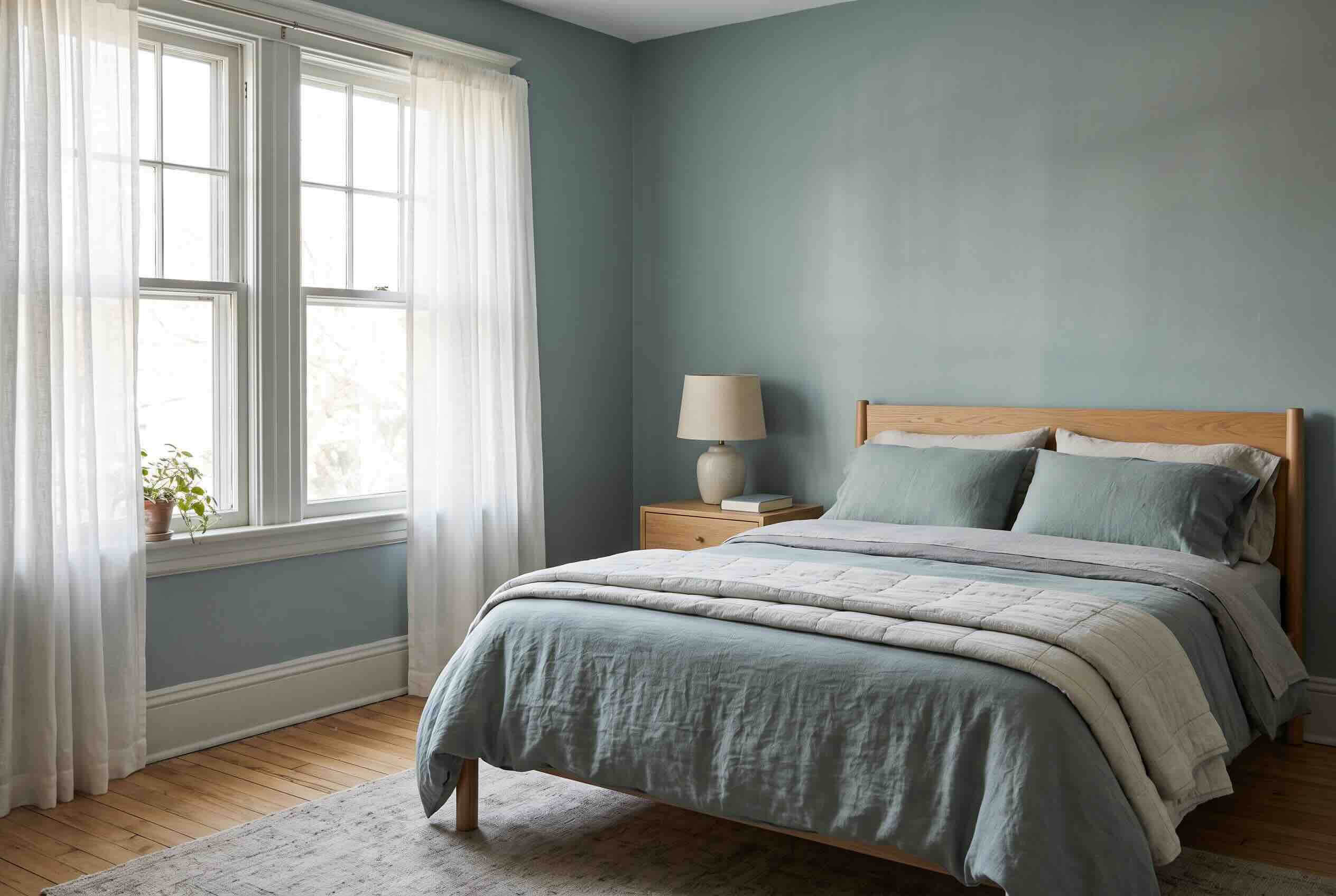 A wooden bed with light blue bedding next to a window with sheer curtains.