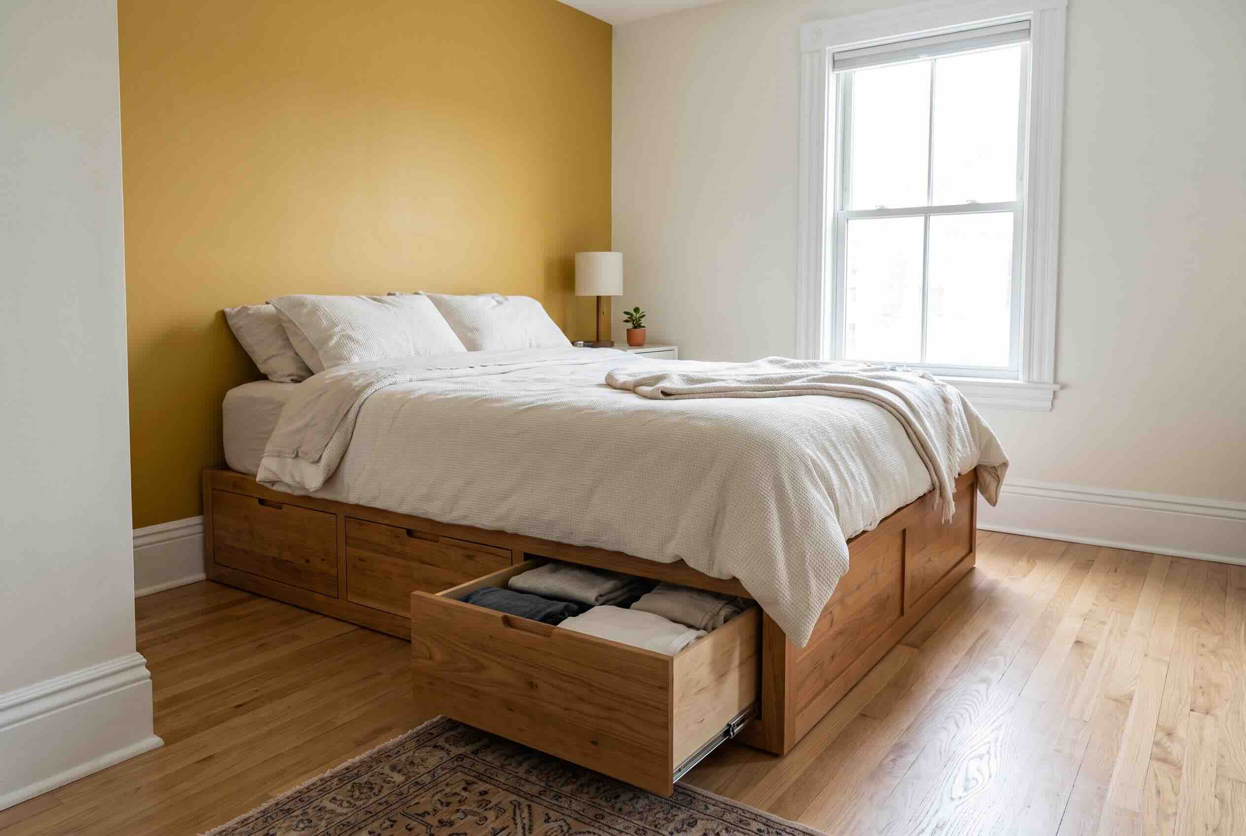 A wooden captain's bed with an open storage drawer revealing folded clothes.