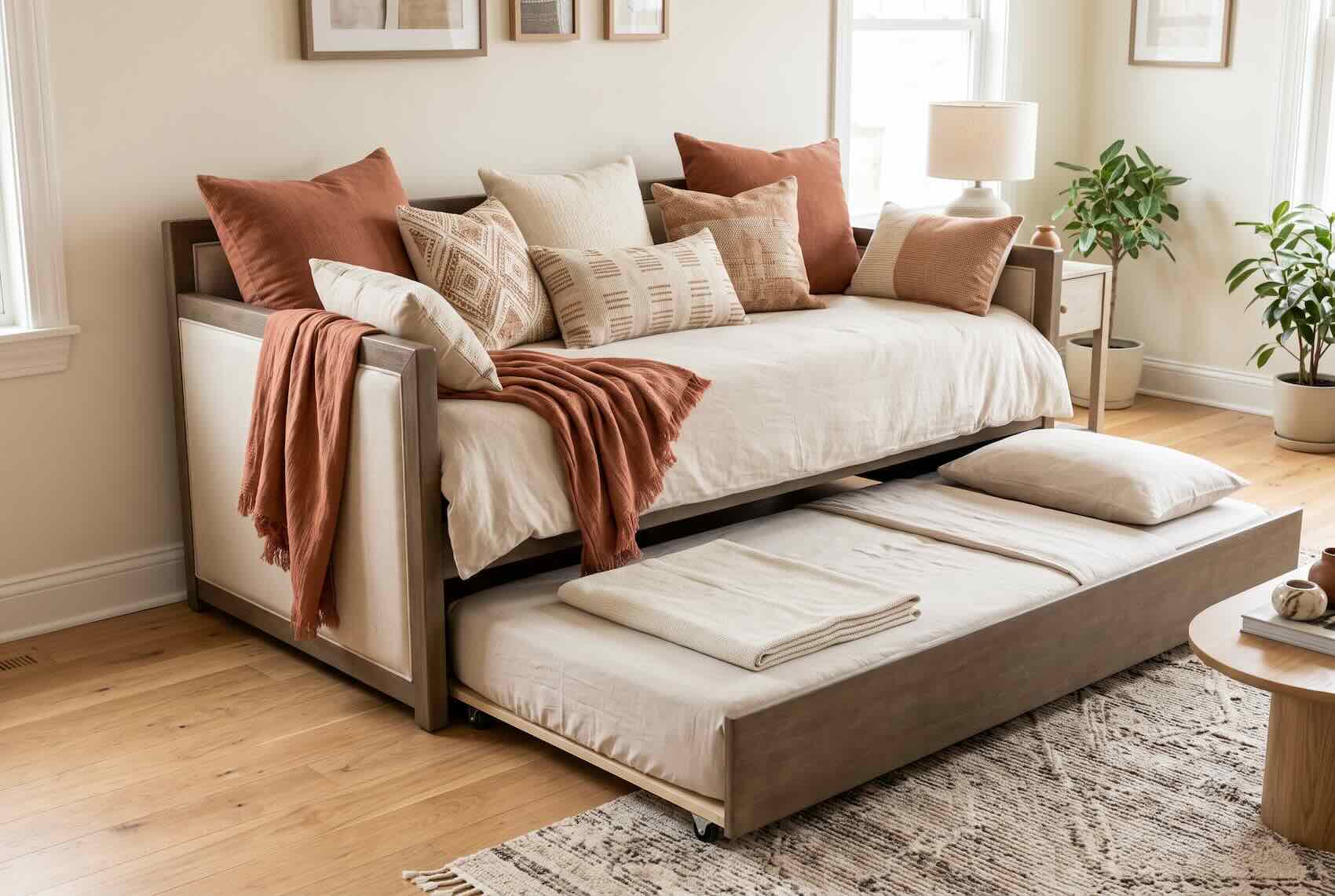 A wooden daybed with a pull-out trundle bed underneath, styled with pillows.