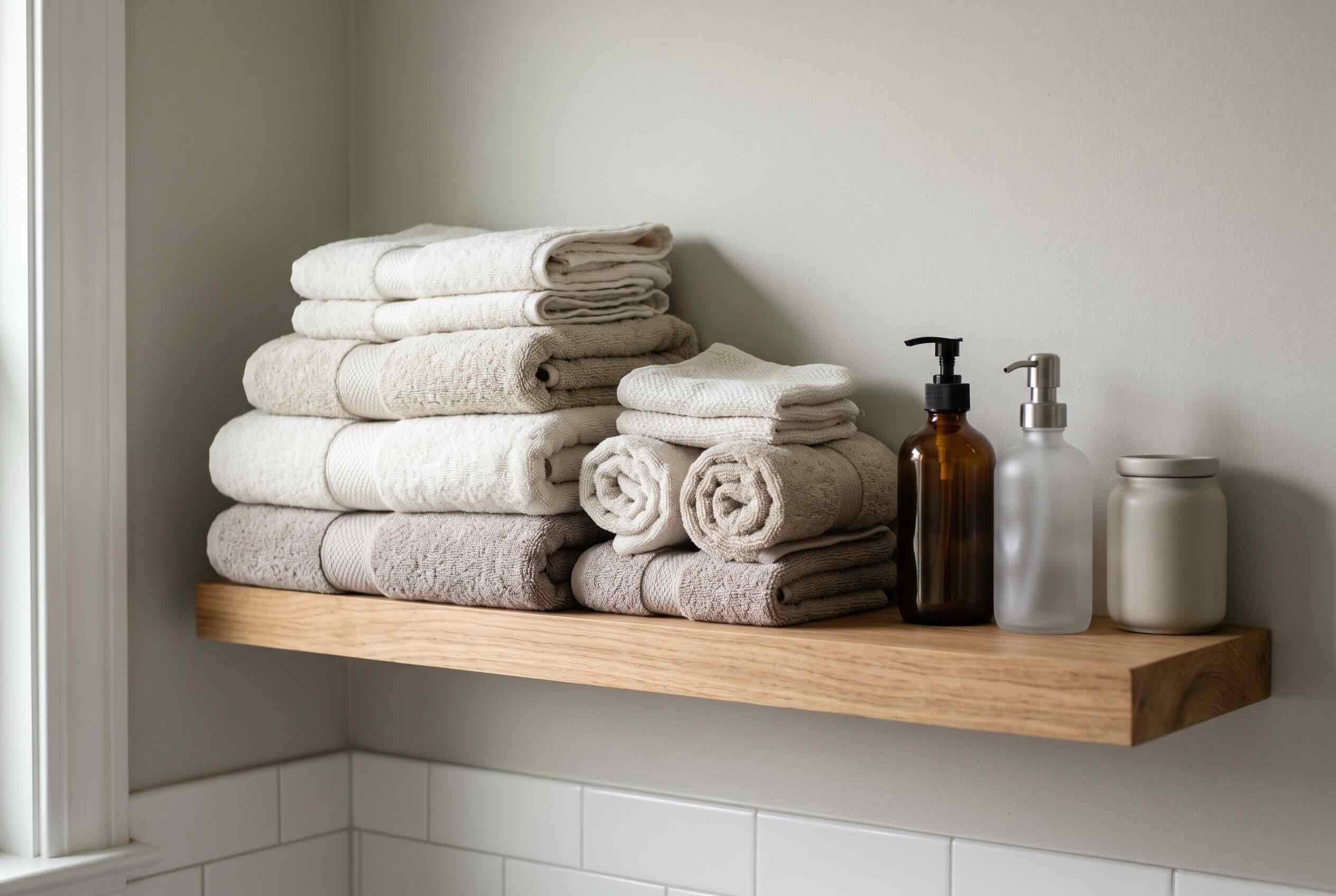 A wooden floating shelf holding folded towels and toiletry bottles.