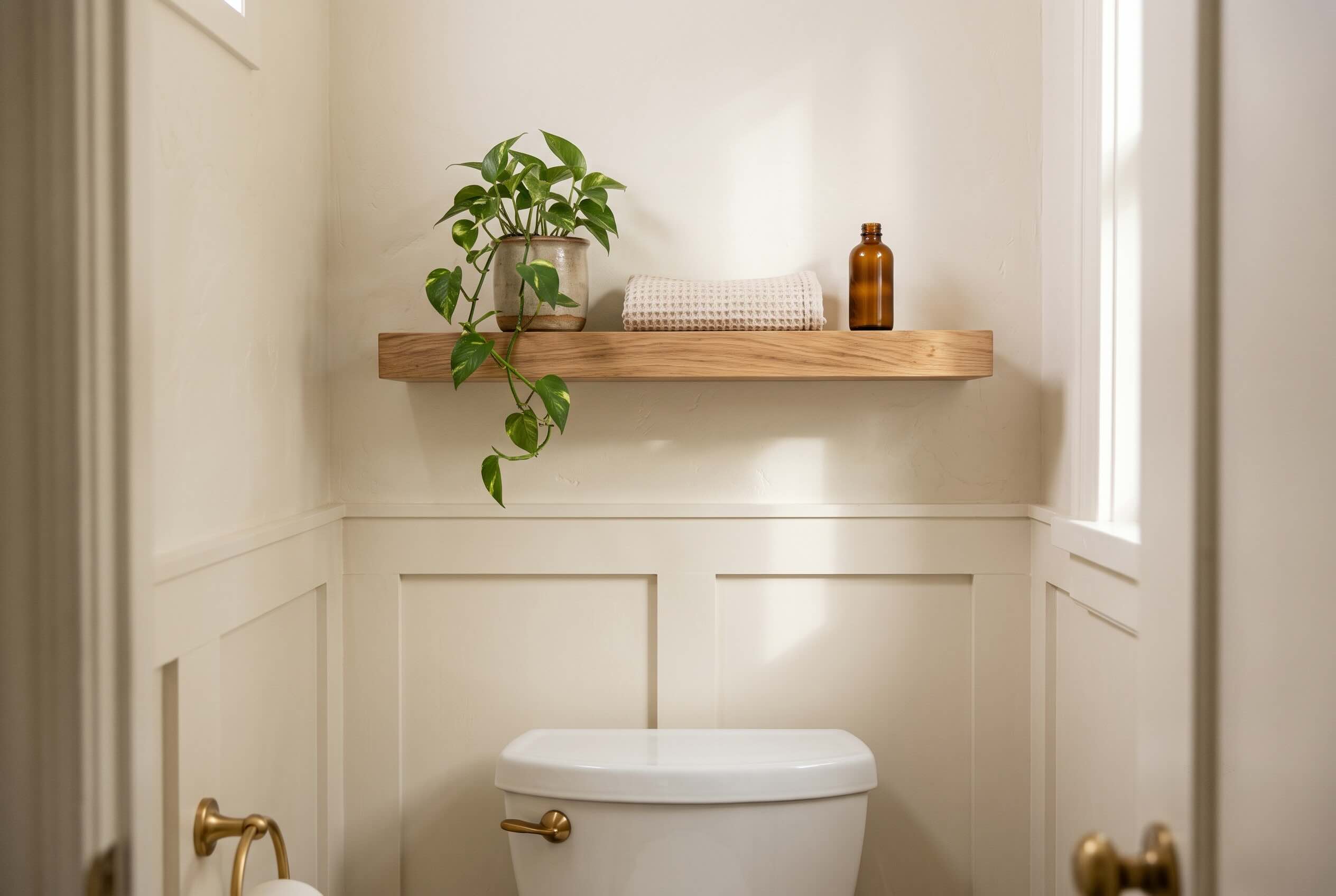 A wooden floating shelf styled with a trailing plant and a rolled towel mounted above a white toilet.